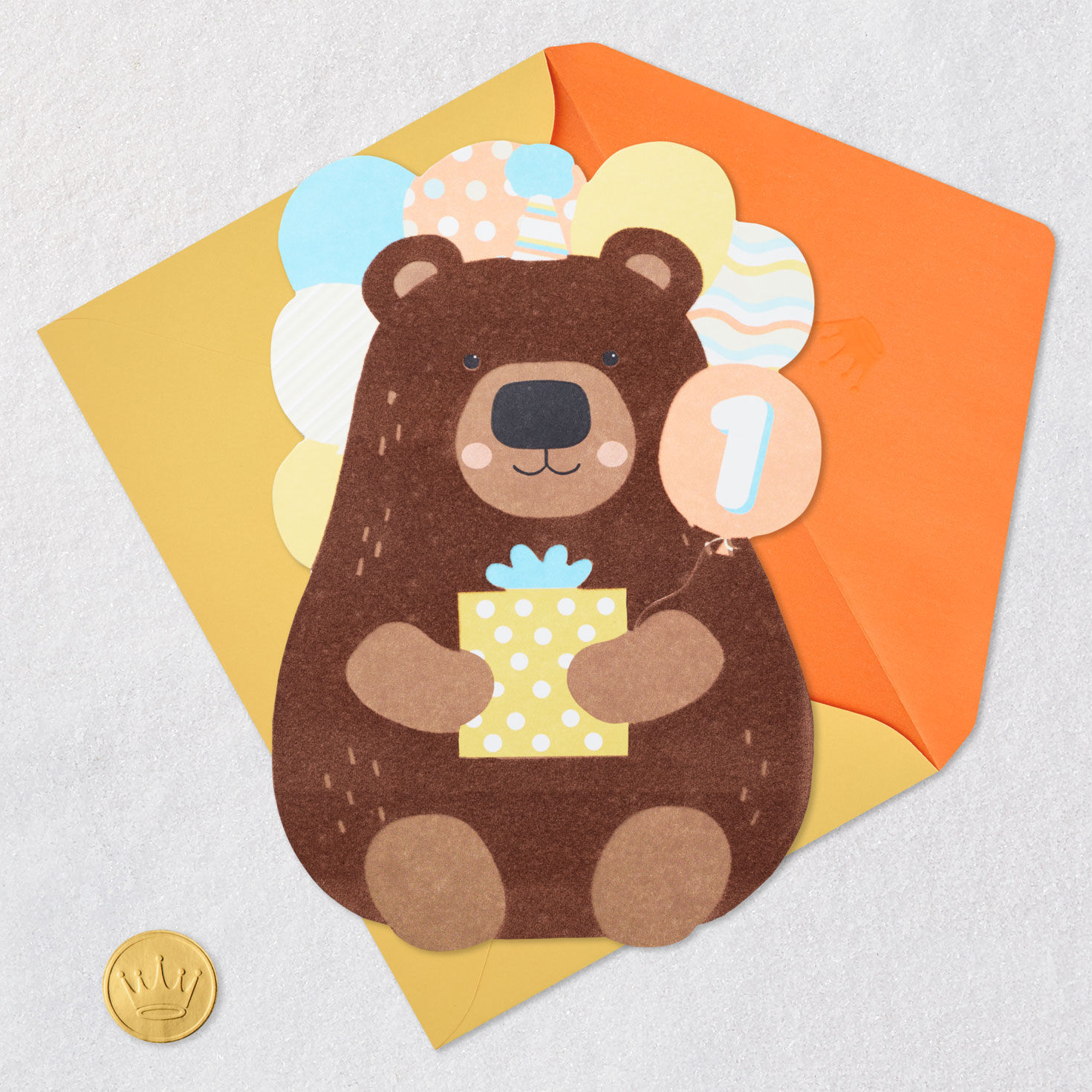 Bear With Present and Balloons First Birthday Card Card Front with Envelope and Gold Seal image number 6