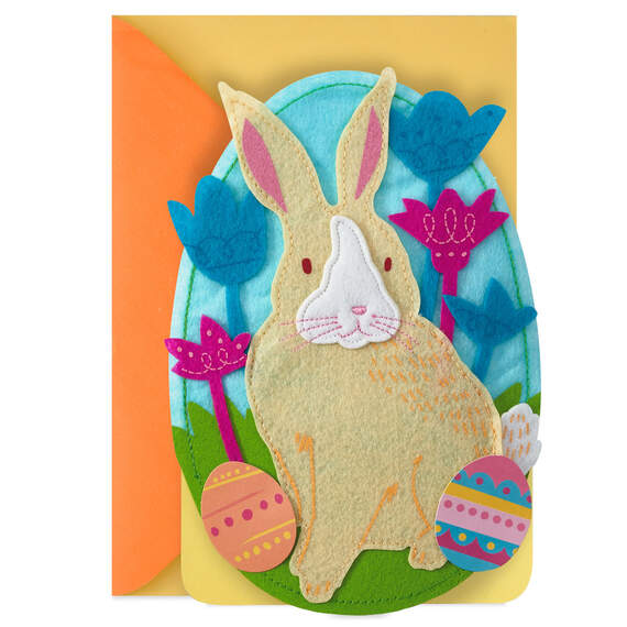Felt Bunny and Flowers Egg-Shaped Musical Easter Card