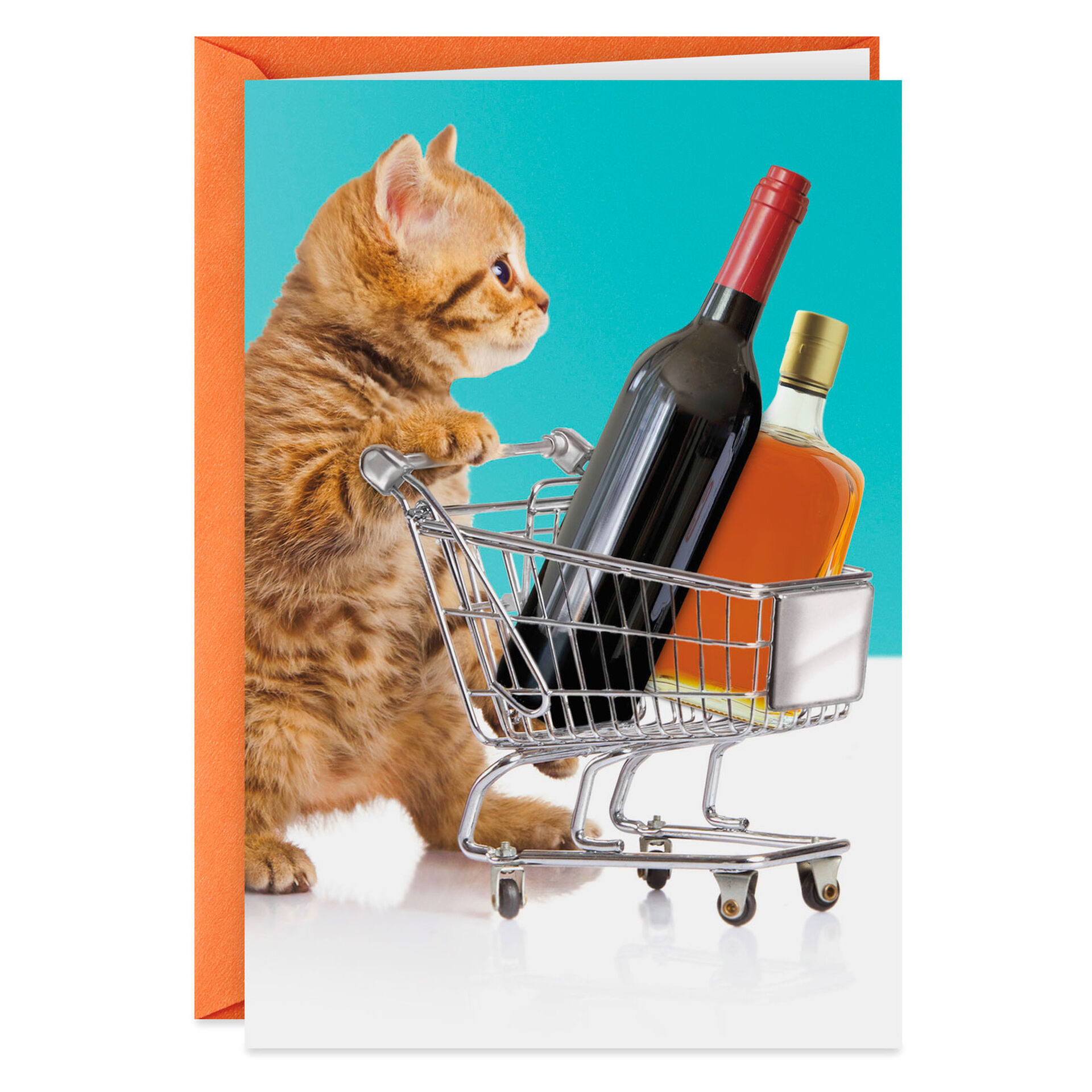 Cat With Shopping Cart Full of Liquor Funny Birthday Card - Greeting