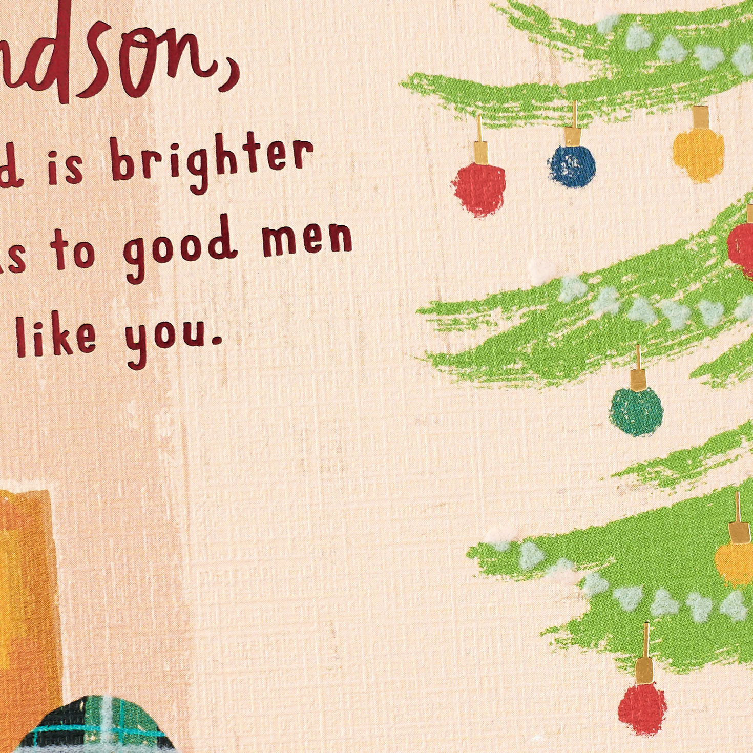 Man By Fireplace and Tree Grandson Christmas Card Card Front Detail image number 5
