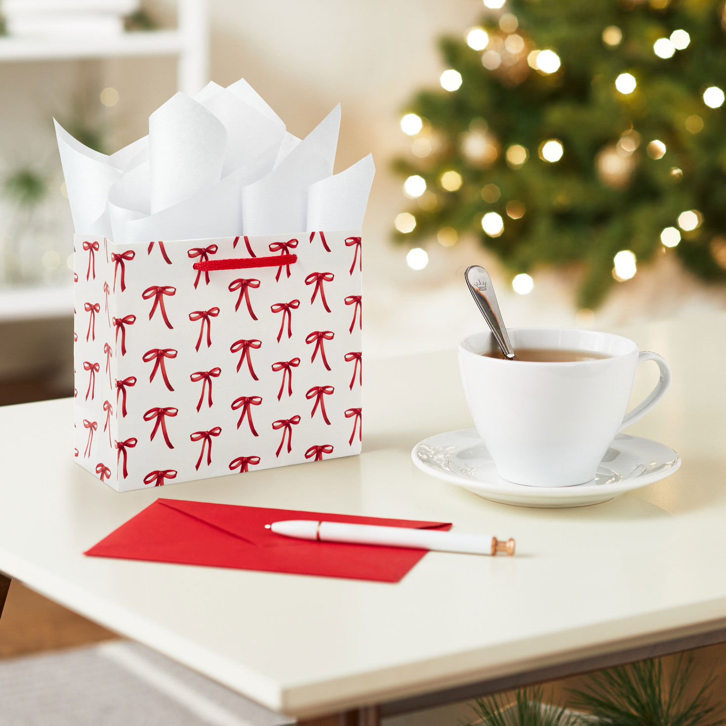 Red Bows on White Small Christmas Gift Bag In use image number 2