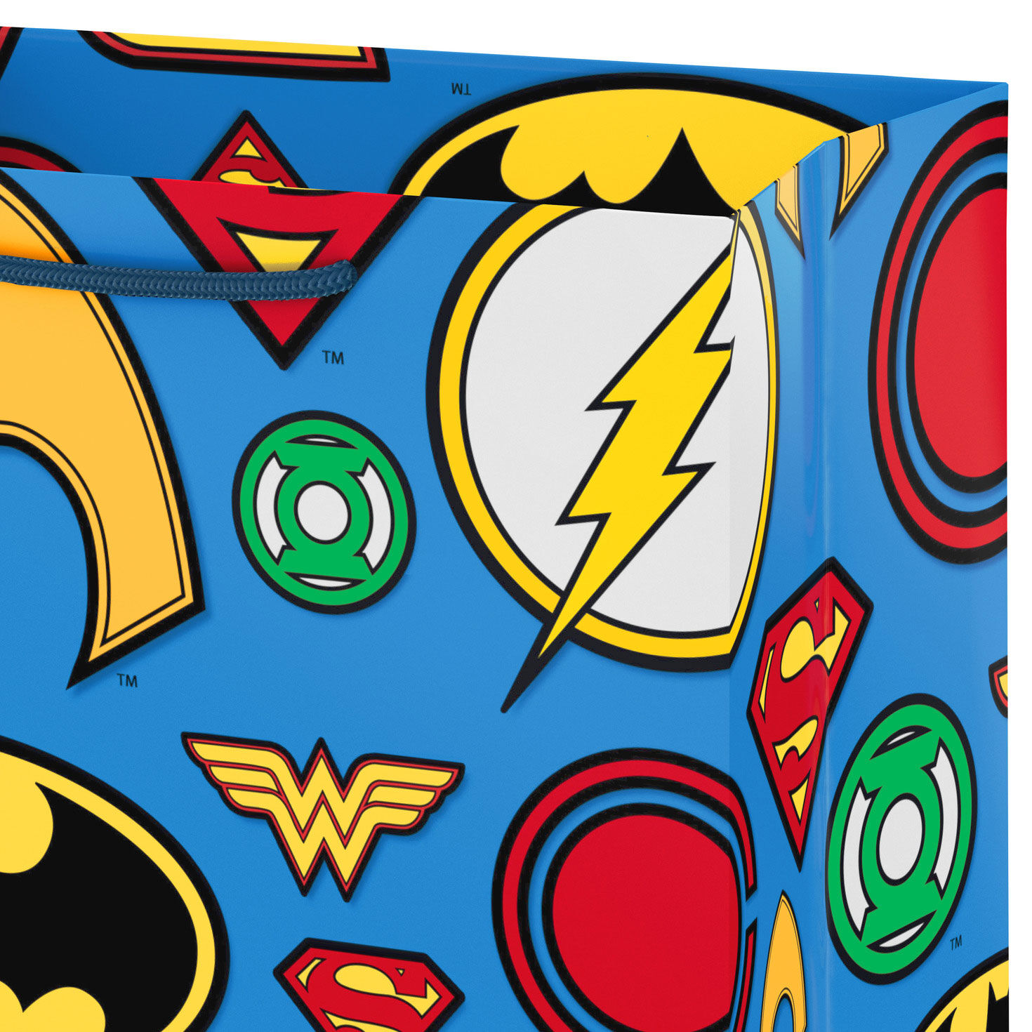 DC Comics Super Hero Logos on Blue Medium Gift Bag Handle Detail image number 4