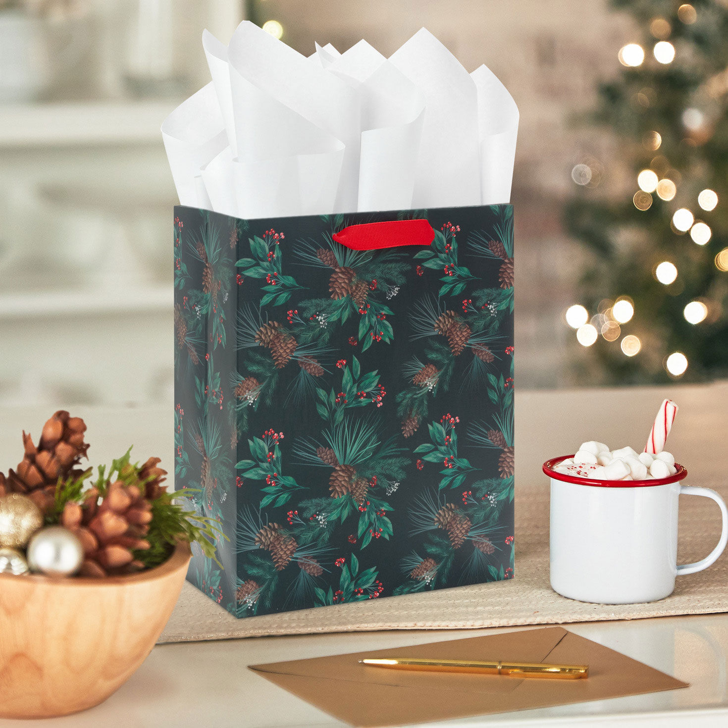 Pinecones and Berries Medium Holiday Gift Bag in use image number 2
