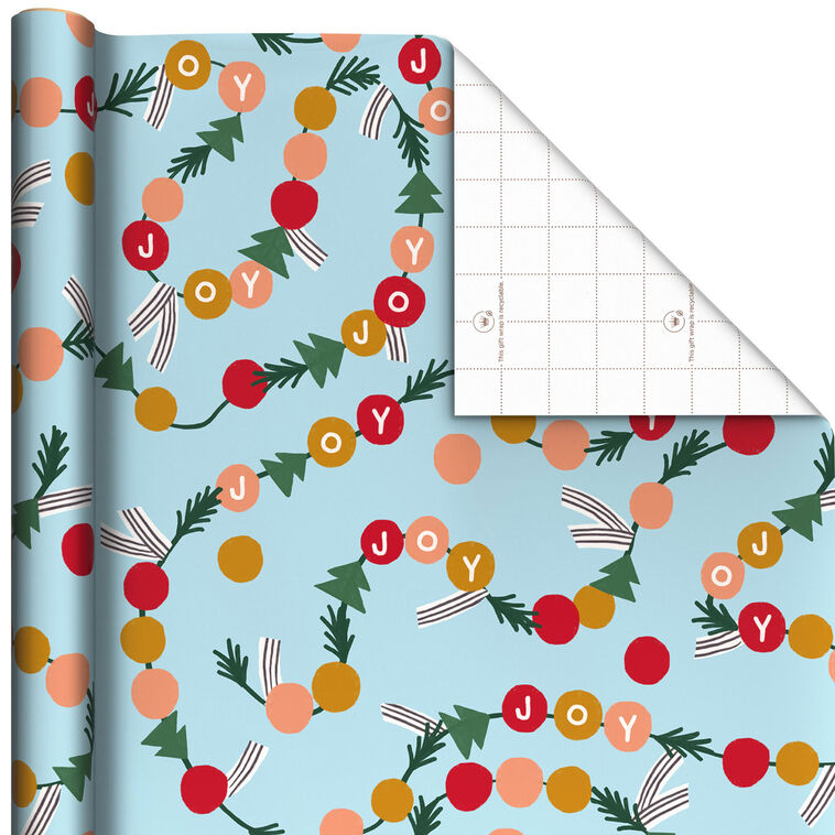 Joy Garland on Blue Christmas Wrapping Paper Roll, 22.5 sq. ft.