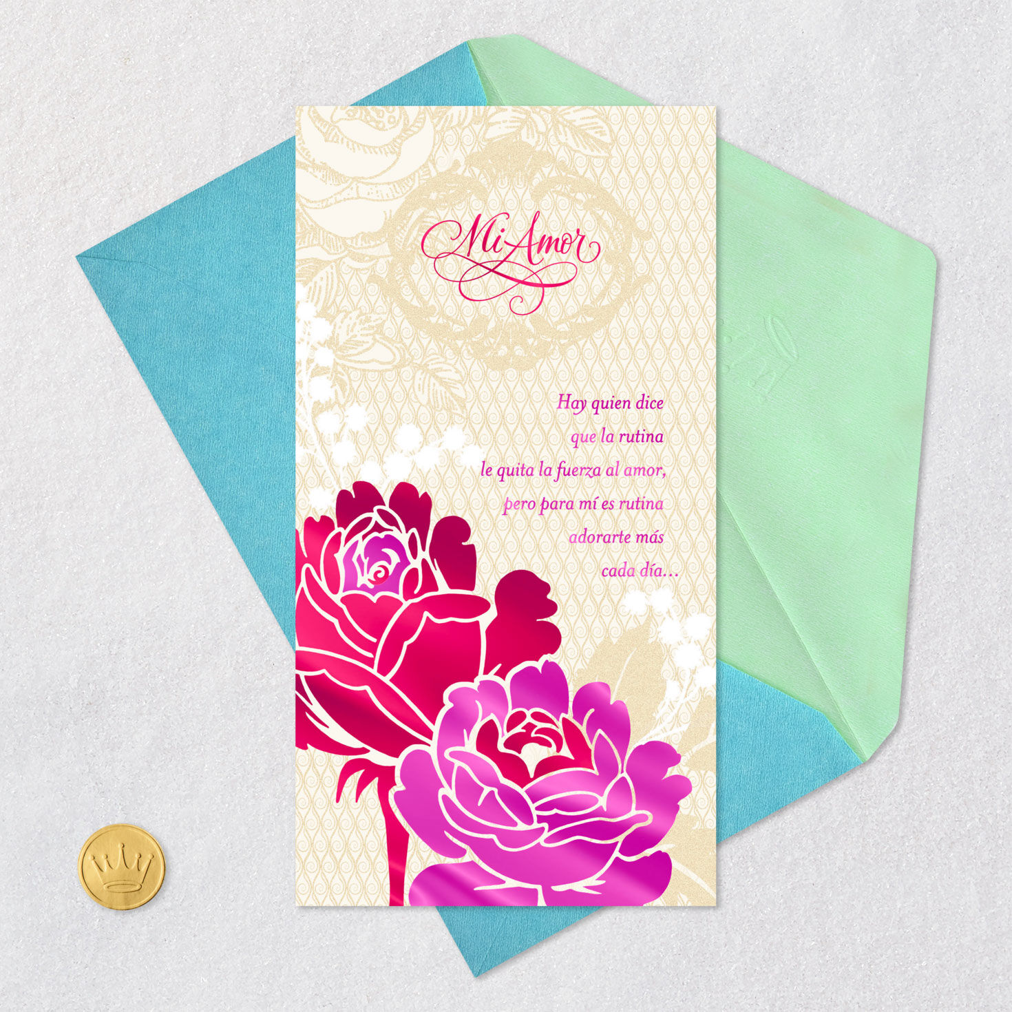 Pink Roses on Lace Anniversary Card in Spanish Card Front with Envelope and Gold Seal image number 7