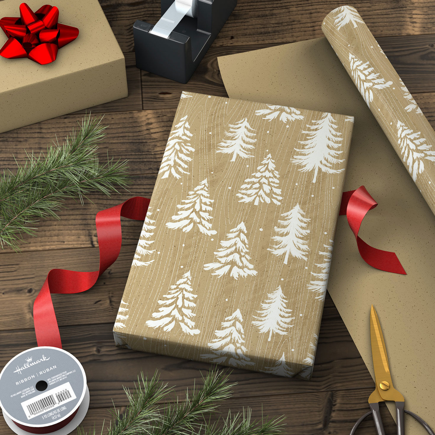 White Trees on Woodgrain Kraft Reversible Gift Wrap Wrapped pkg image number 3
