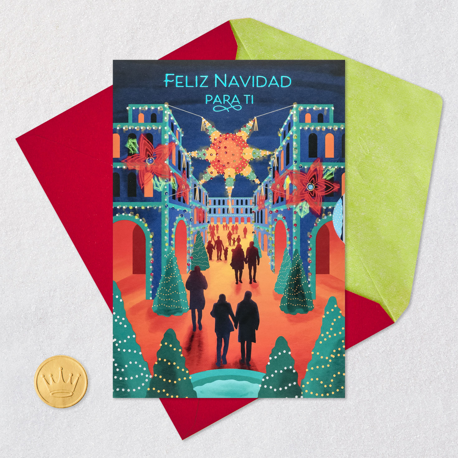 Festive Street Scene Christmas Card in Spanish Card Front with Envelope and Gold Seal image number 6