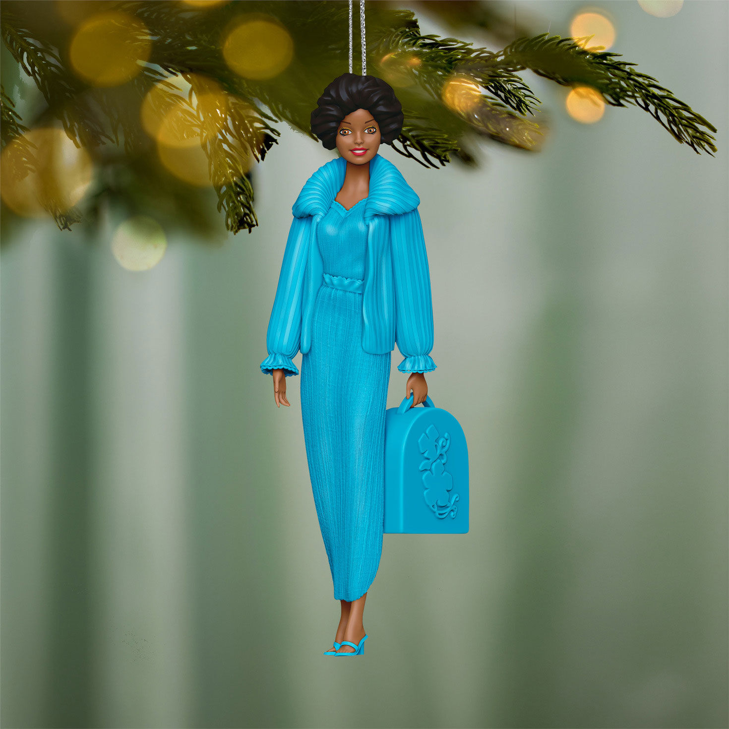 Black Barbie Blue Outfit With Bag Keepsake Ornament hanging on tree image number 2