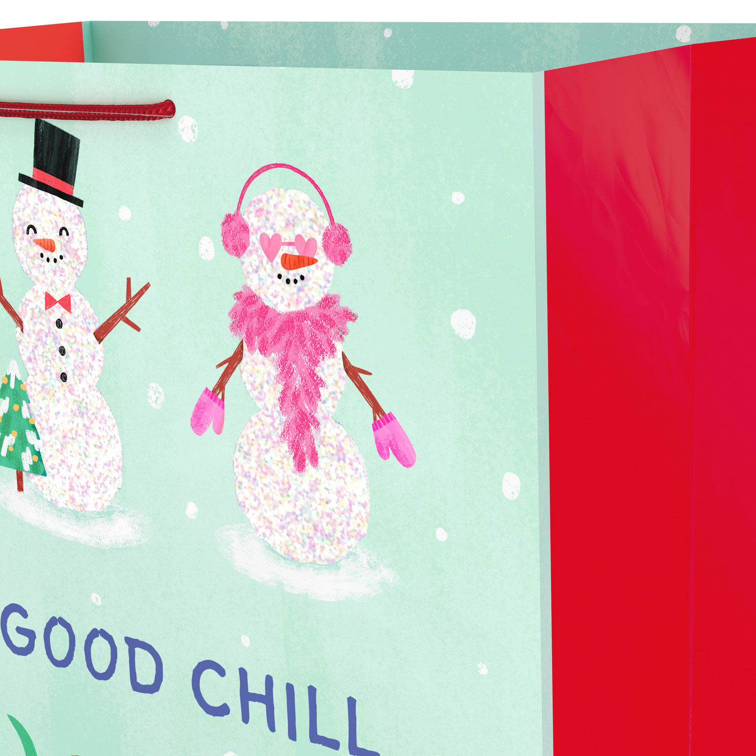 Modern Snowmen on Mint Green Jumbo Christmas Bag Handle Detail image number 4