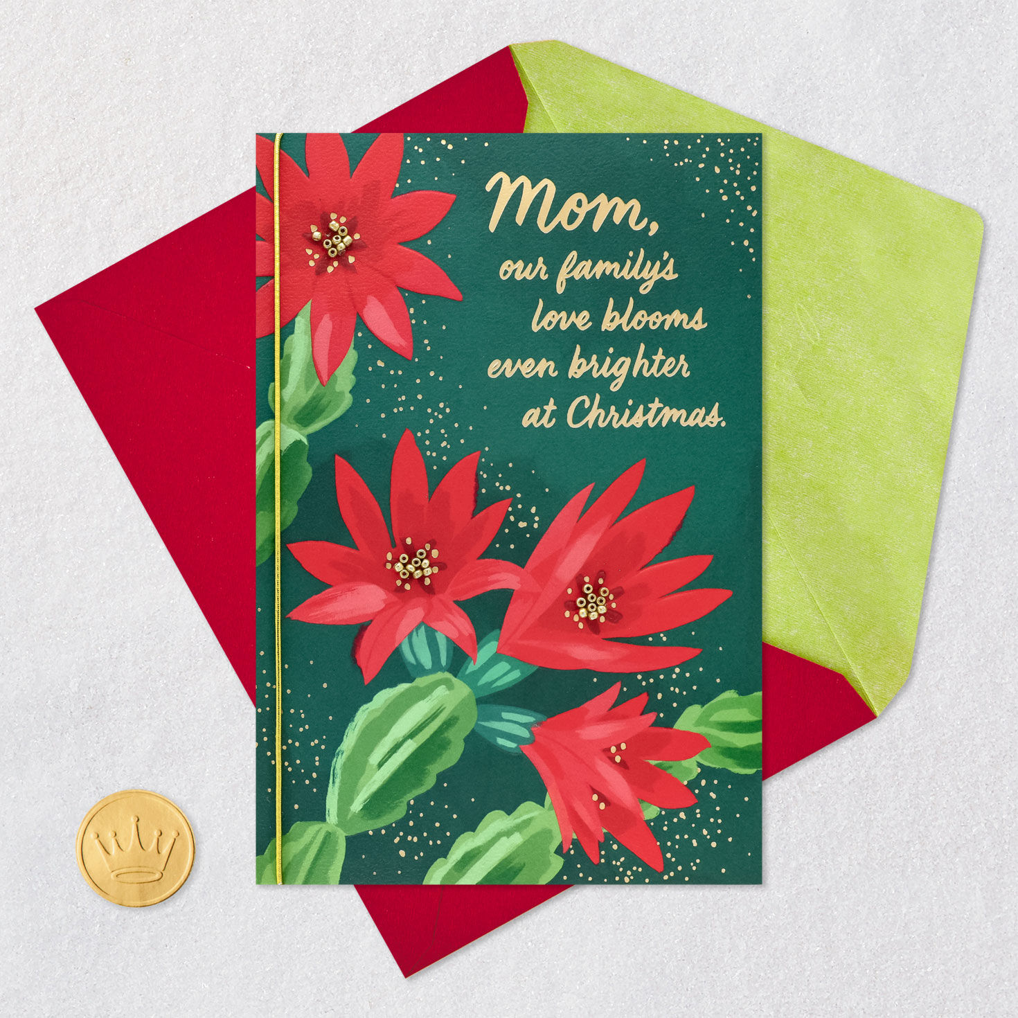 Red Floral on Green Christmas Card for Mom Card Front with Envelope and Gold Seal image number 6