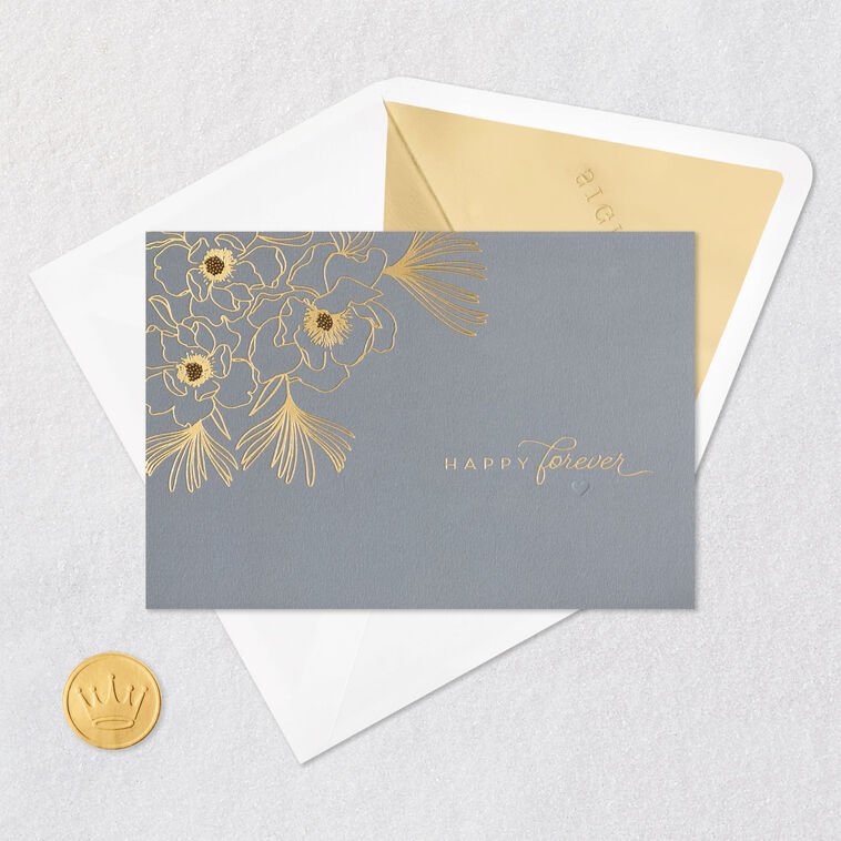 Gold Flowers on Gray Signature Wedding Card Card Front with Envelope and Gold Seal image number 6