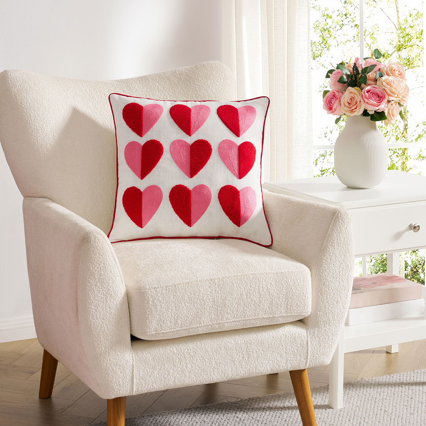 Pink and Red Hearts on White Throw Pillow in use image number 2