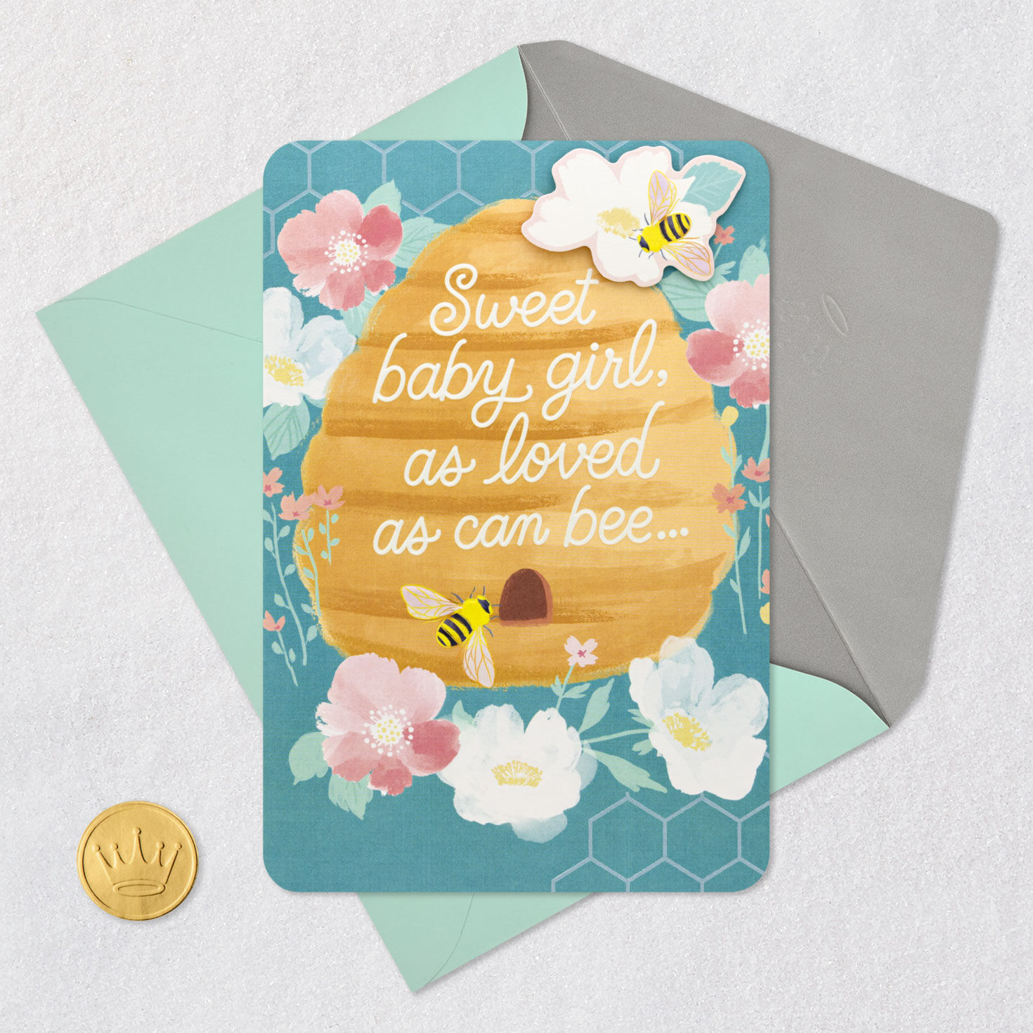 Bees, Hive and Flowers New Baby Girl Card Card Front with Envelope and Gold Seal image number 5