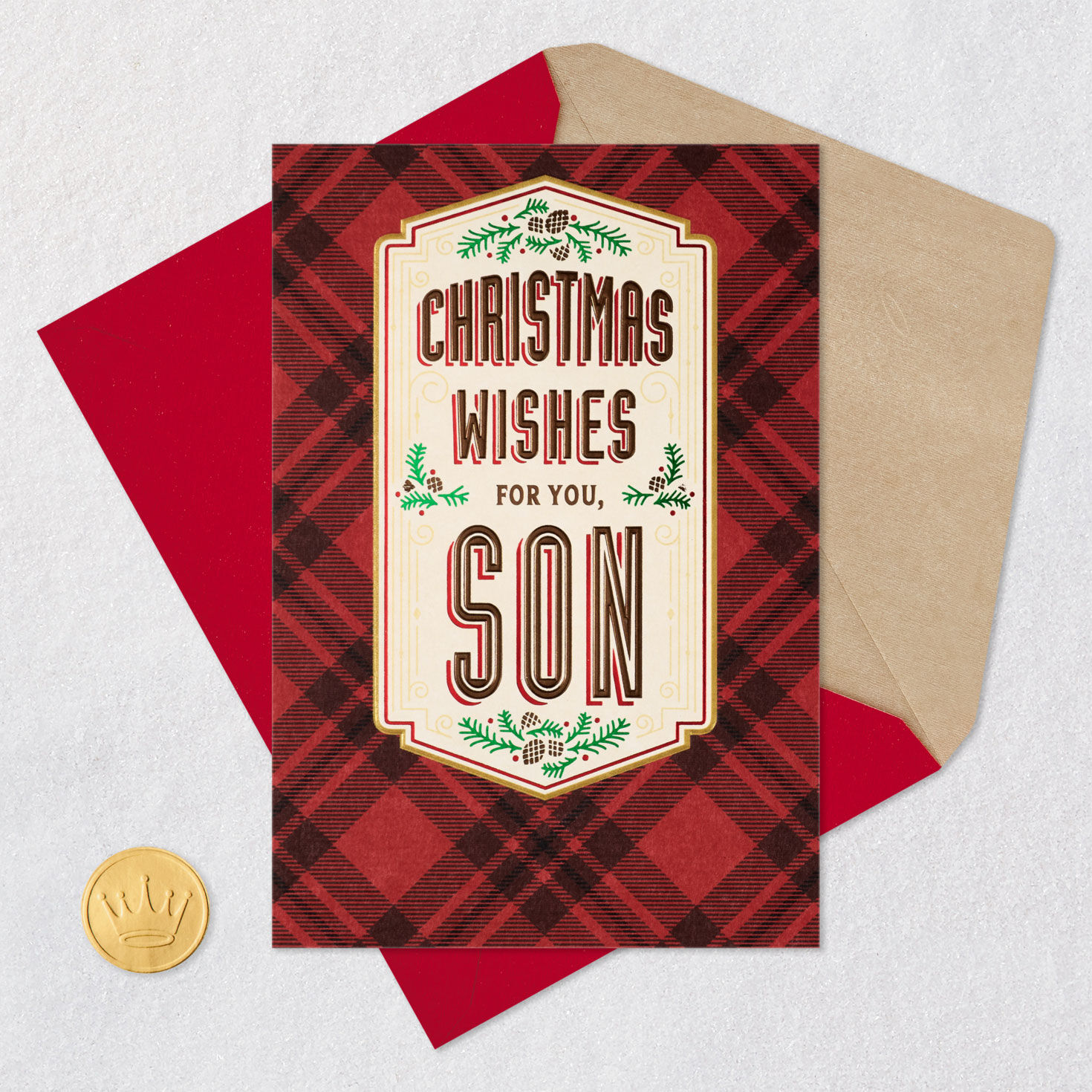 Pine Boughs and Red Plaid Son Christmas Card Card Front with Envelope and Gold Seal image number 7