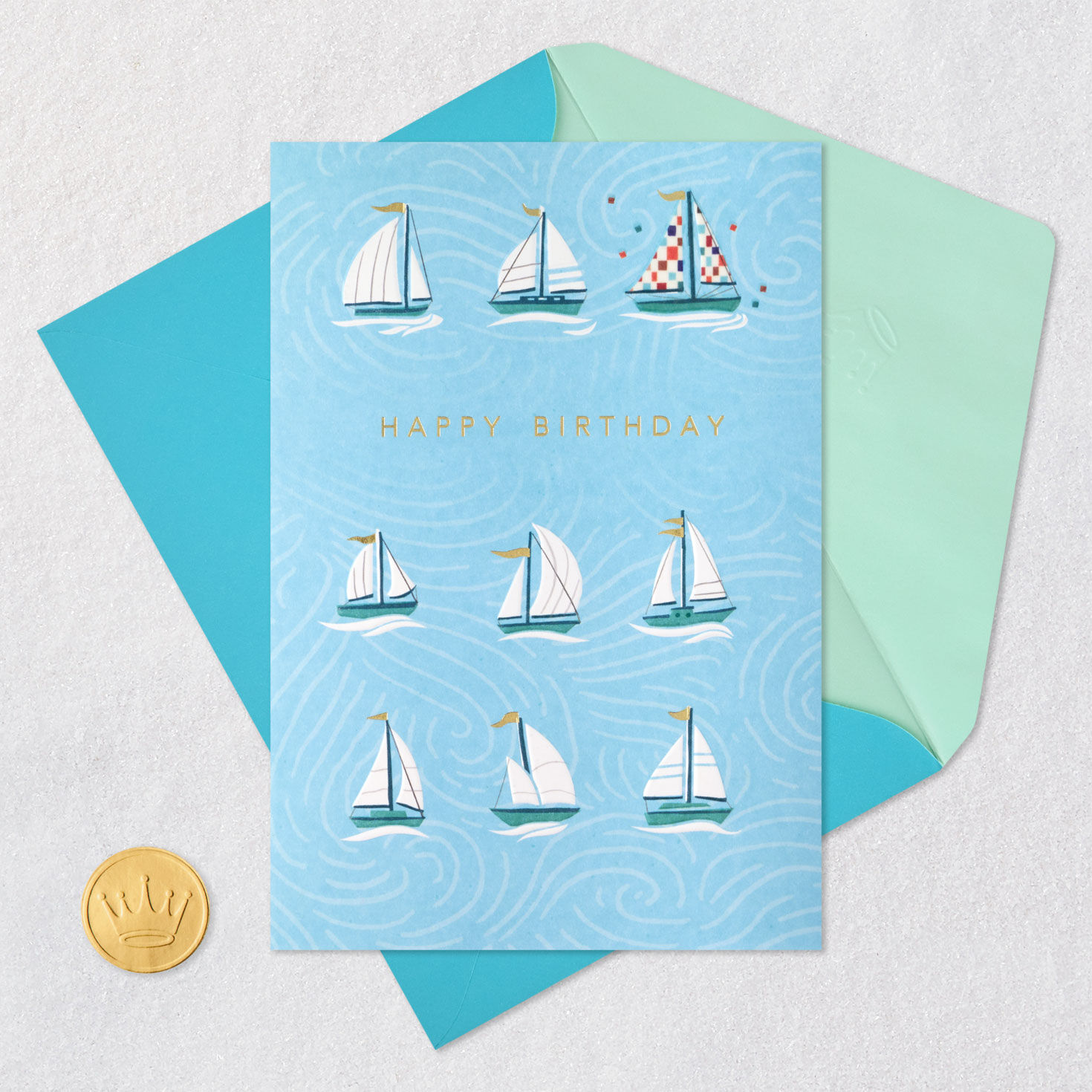 Sailboats on Light Blue Birthday Card Card Front with Envelope and Gold Seal image number 5