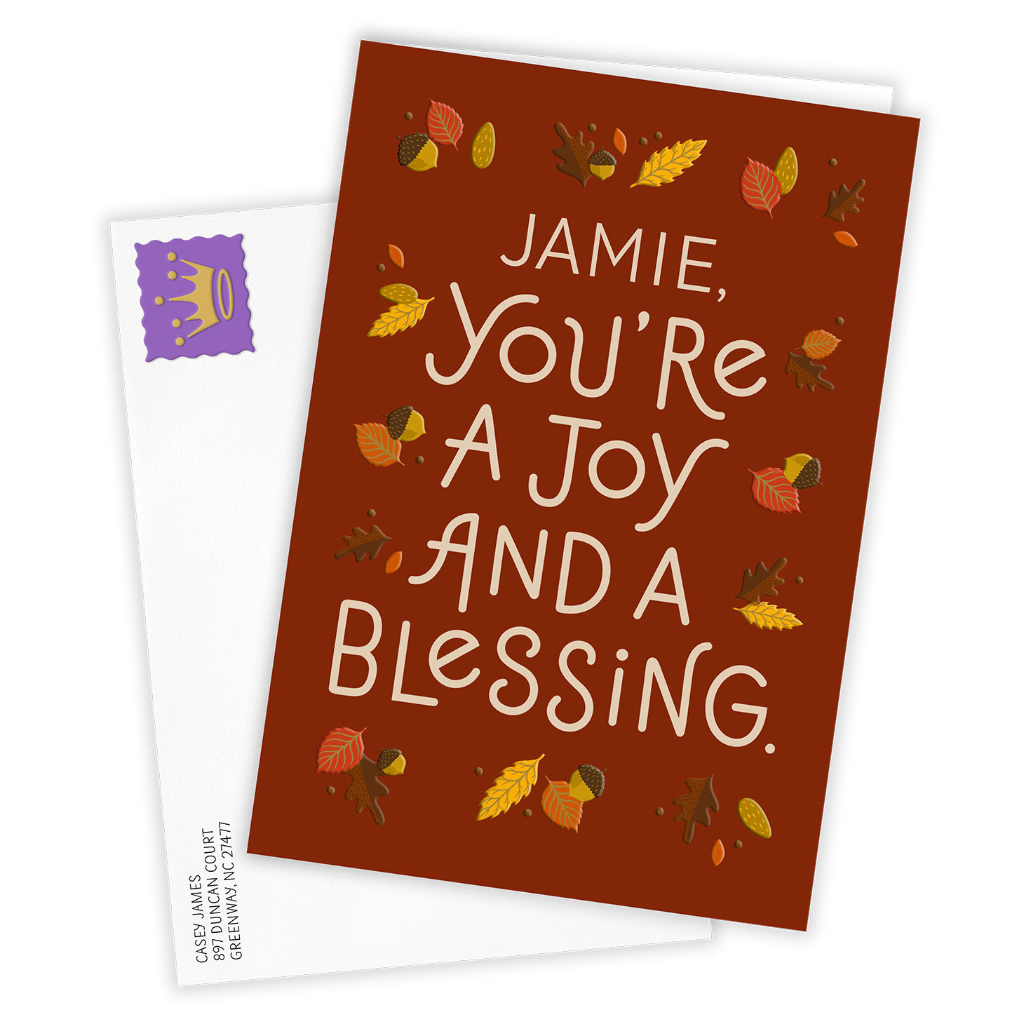 Leaves and Acorns Personalized Thanksgiving Card Card Front with Envelope image number 2