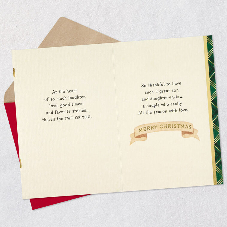 Old English Co. Christmas Card For Son & Daughter-in-Law – Cute Robin Design With Gold Foil, Blank Inside, 6x6 Inch