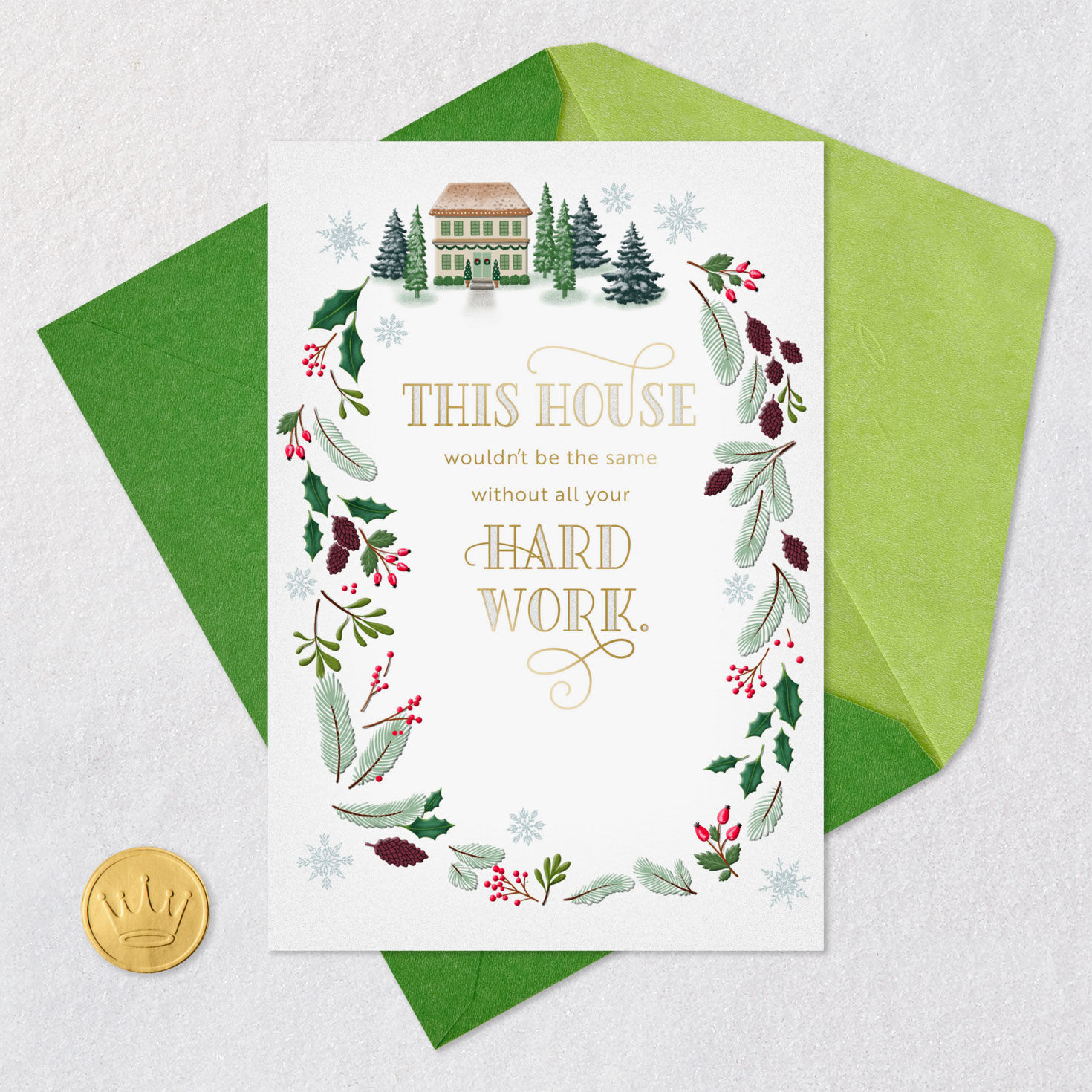 Quaint House with Greenery Christmas Card for Housekeeper Card Front with Envelope and Gold Seal image number 5