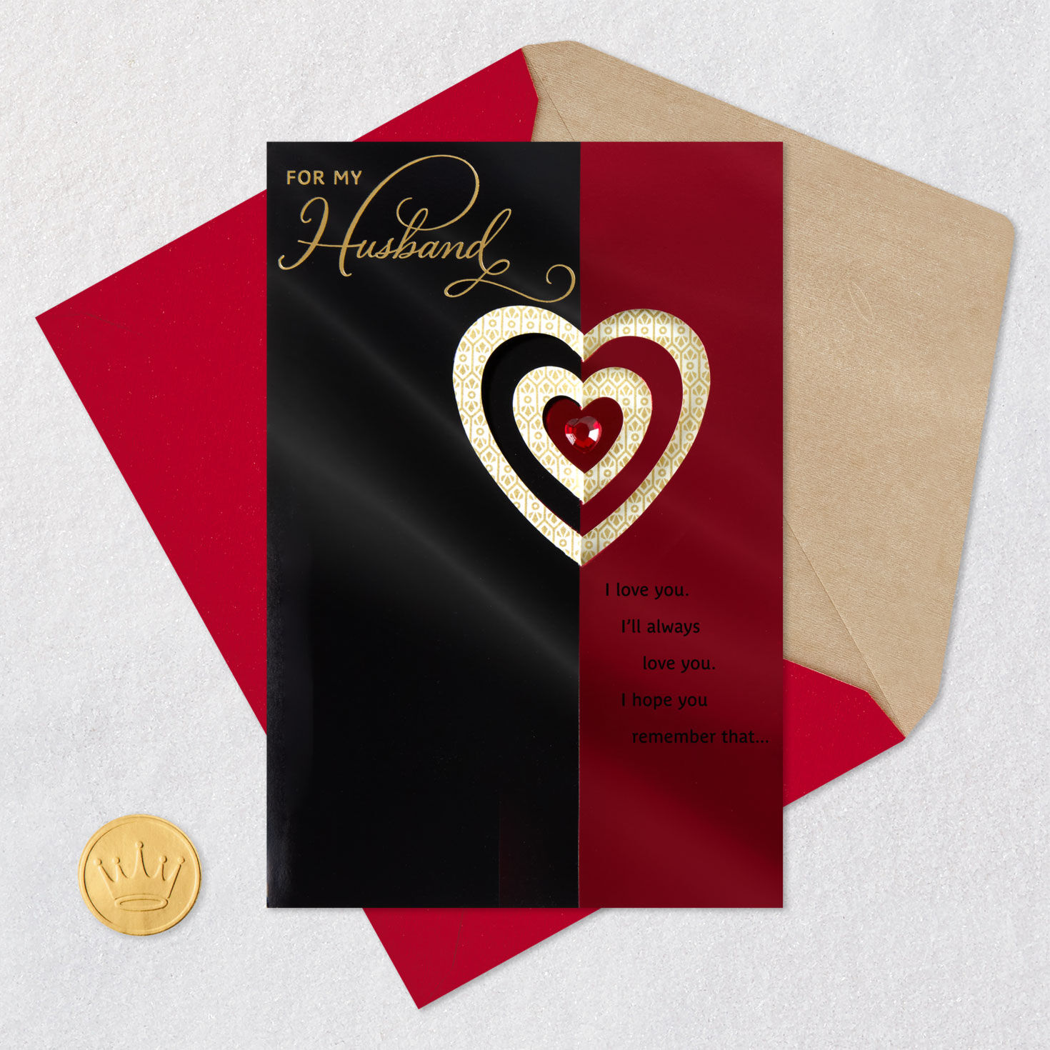 Red and Black Heart Husband Valentines Day Card Card Front with Envelope and Gold Seal image number 7