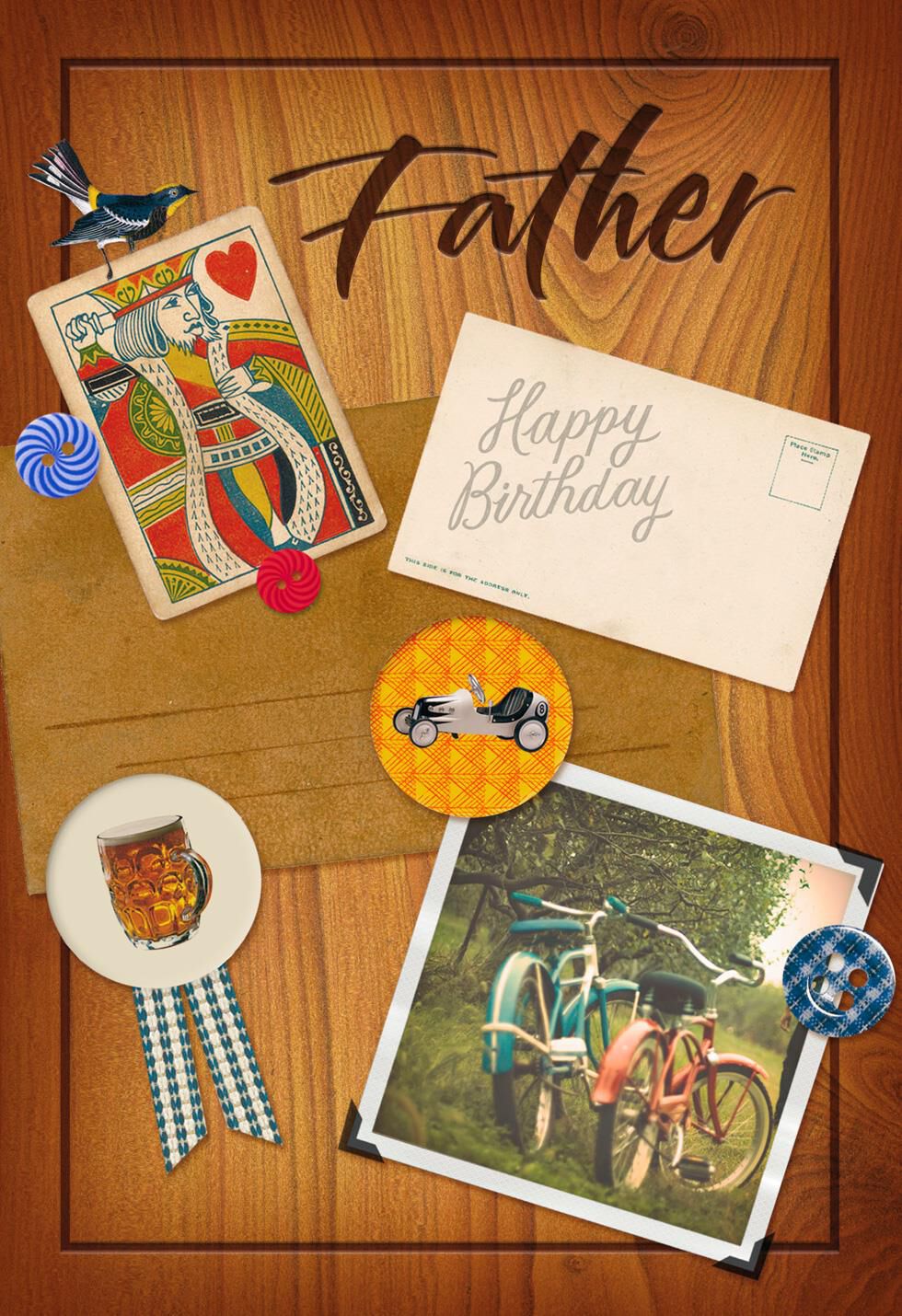 Photos and Buttons on Wood Birthday Card for Dad