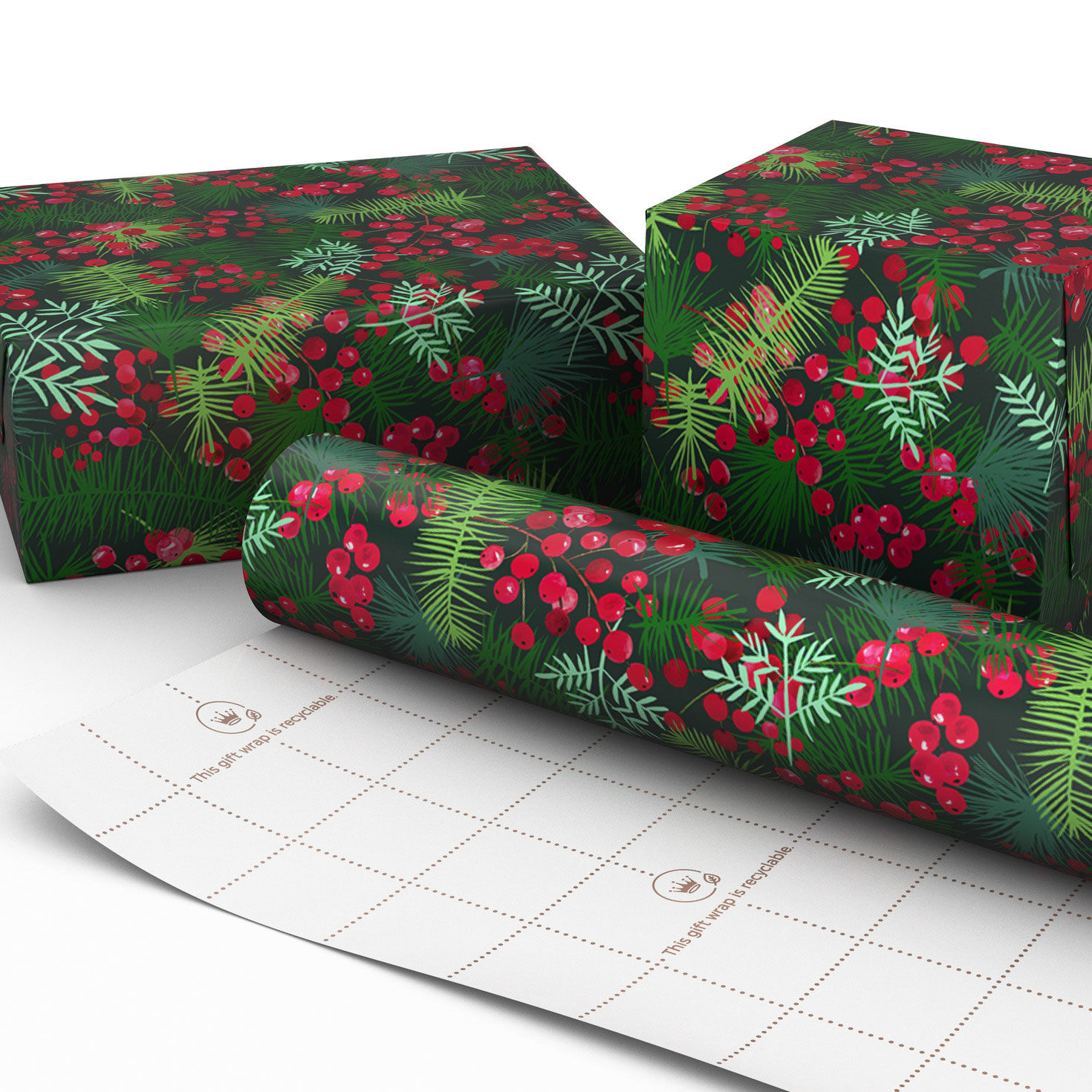 Pine and Berry Collage Jumbo Christmas Gift Wrap in use image number 2
