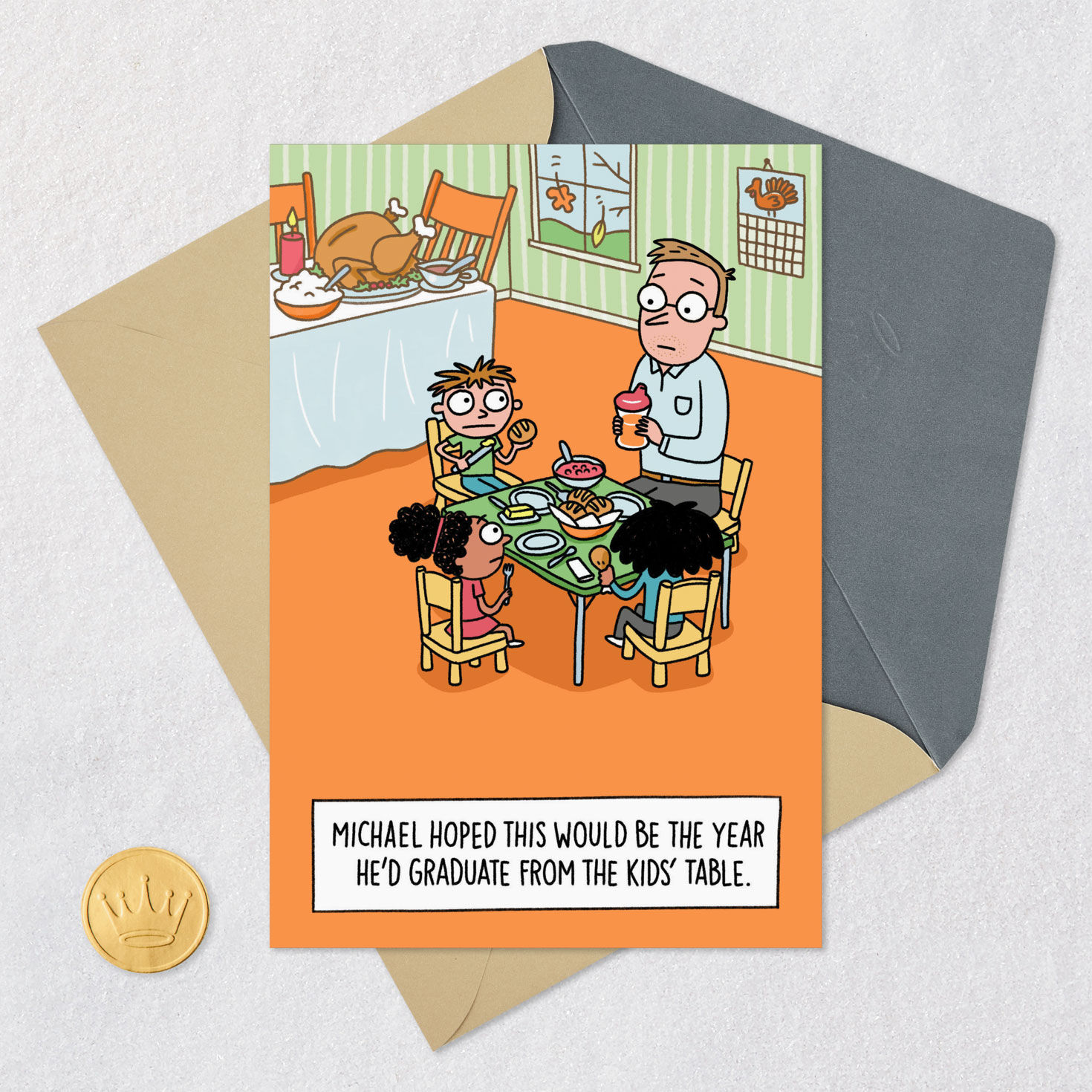 Funny Kids Table Cartoon Thanksgiving Card Card Front with Envelope and Gold Seal image number 5