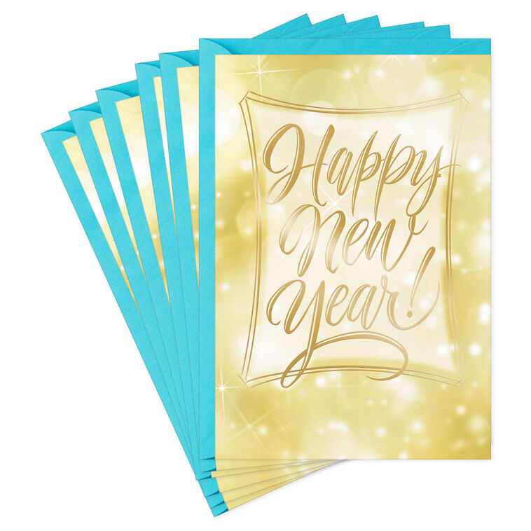 Bokeh Lights on Gold New Year Cards Pack Card Fan image number 1