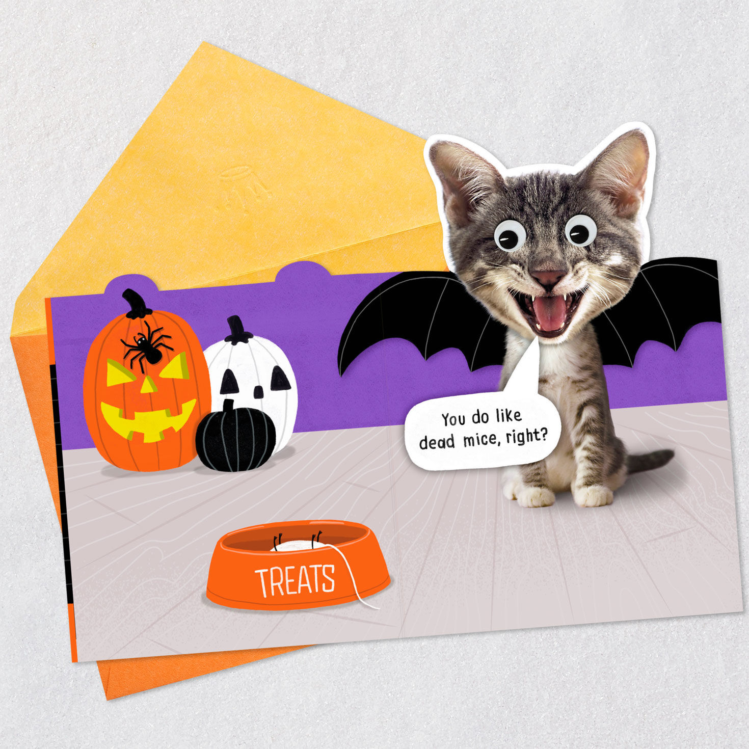 Vampire Cat with Mice Funny Halloween Card Open card with envelope image number 2