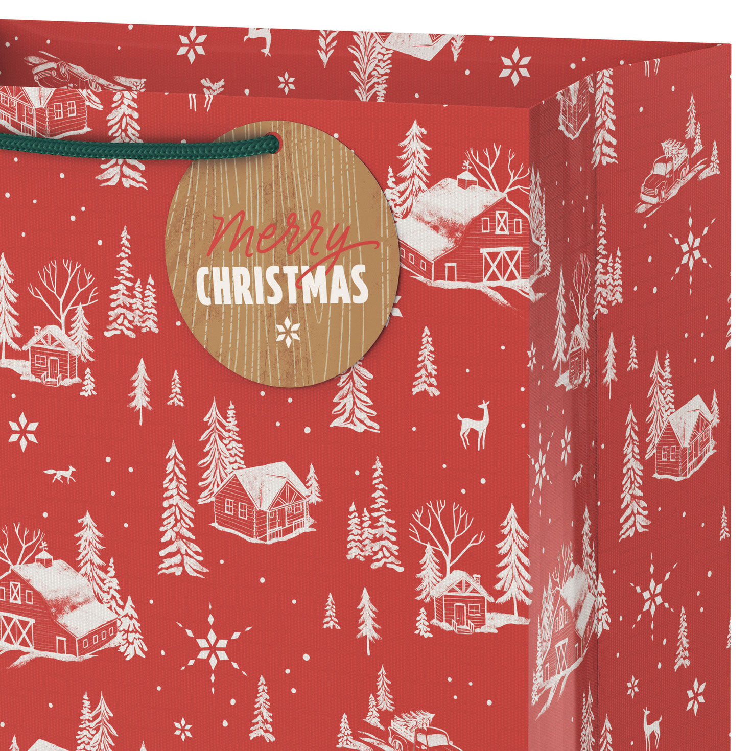 Snowy Farmhouses on Red Large Holiday Gift Bag  image number 4
