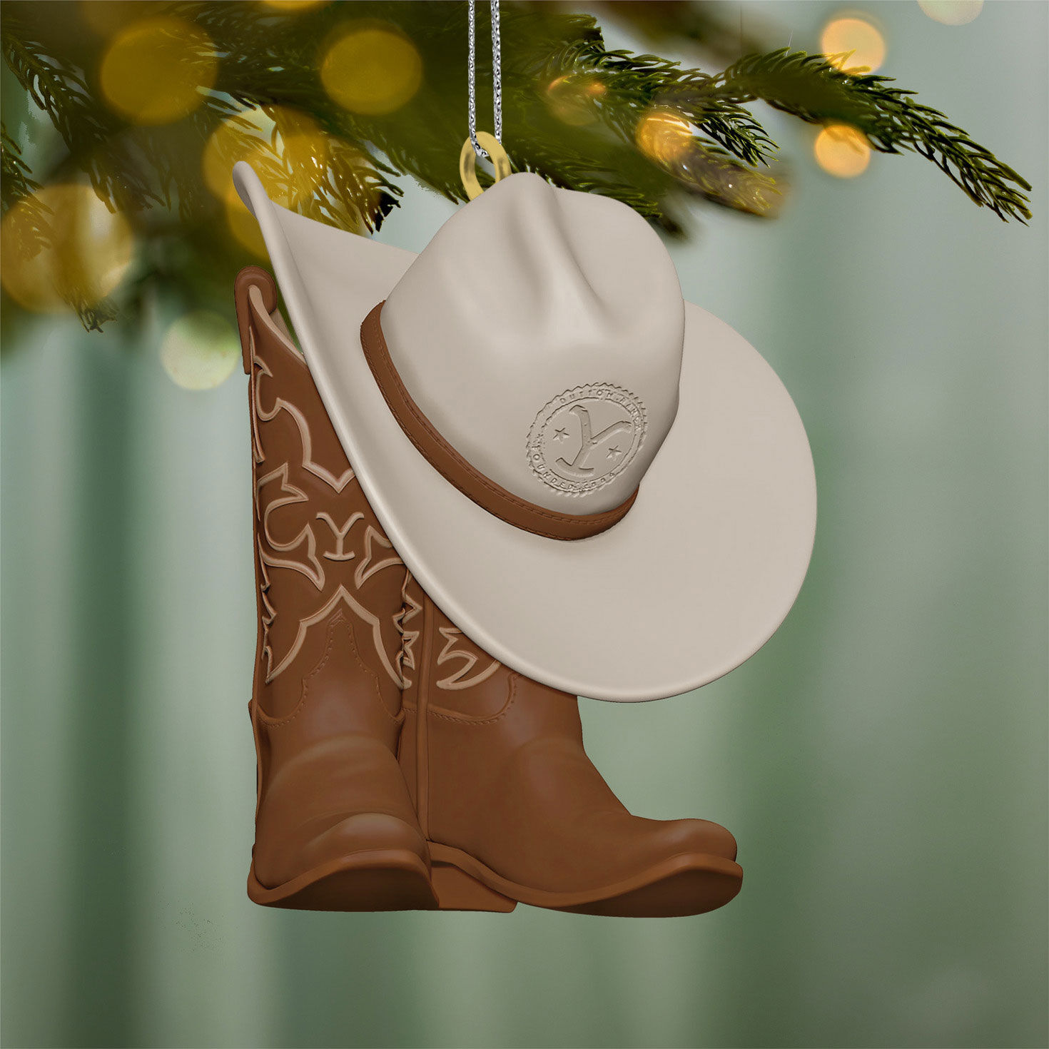 Yellowstone Cowboy Hat and Boots Keepsake Ornament Hanging on tree image number 2