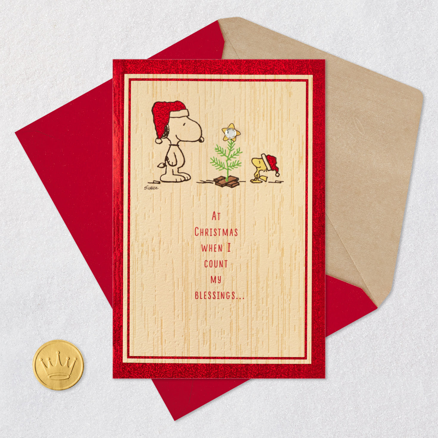 Snoopy and Woodstock Tree Christmas Card Card Front with Envelope and Gold Seal image number 5