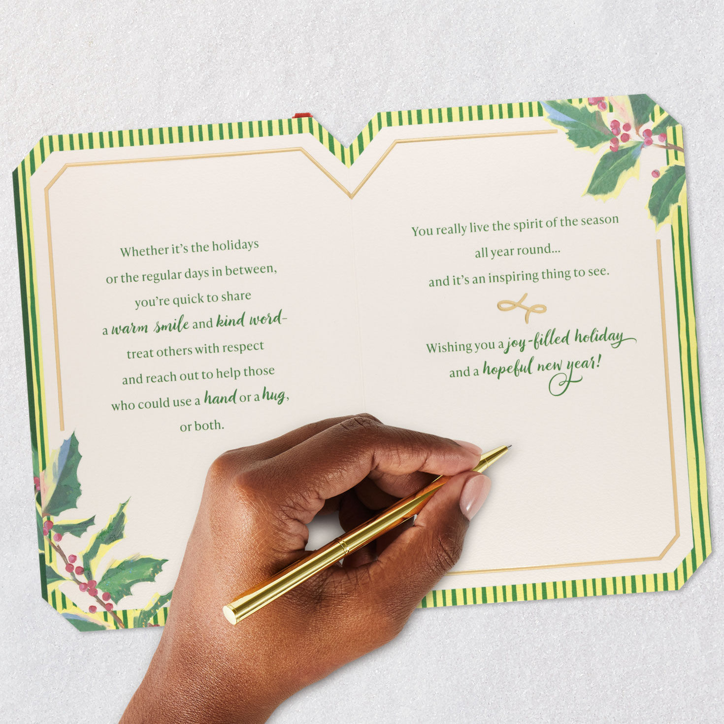 Holly on Green With Red Ribbon Christmas Card Signing card image number 7