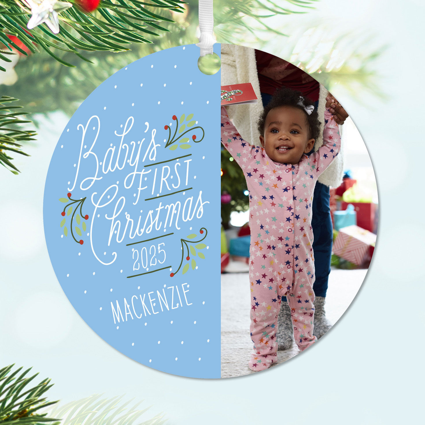 Baby's First Christmas Round Metal Personalized Ornament, Custom Vertical Photo and Text, , large image number 2