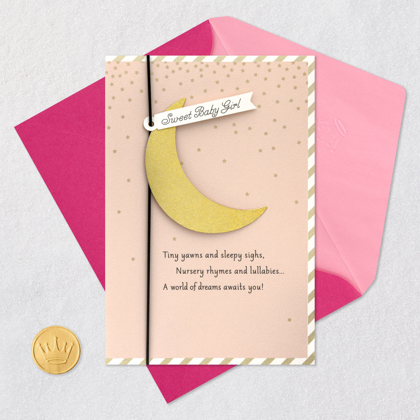 Crescent Moon and Stars on Pink New Baby Girl Card Card Front with Envelope and Gold Seal image number 5