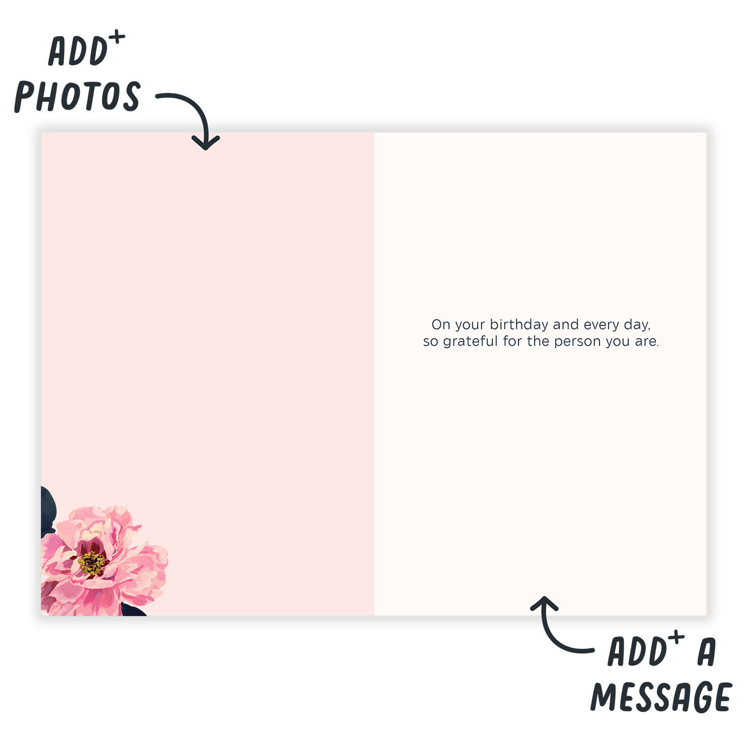 Pink Peony Flowers Personalized Birthday Card Open Card indicating personalization image number 3