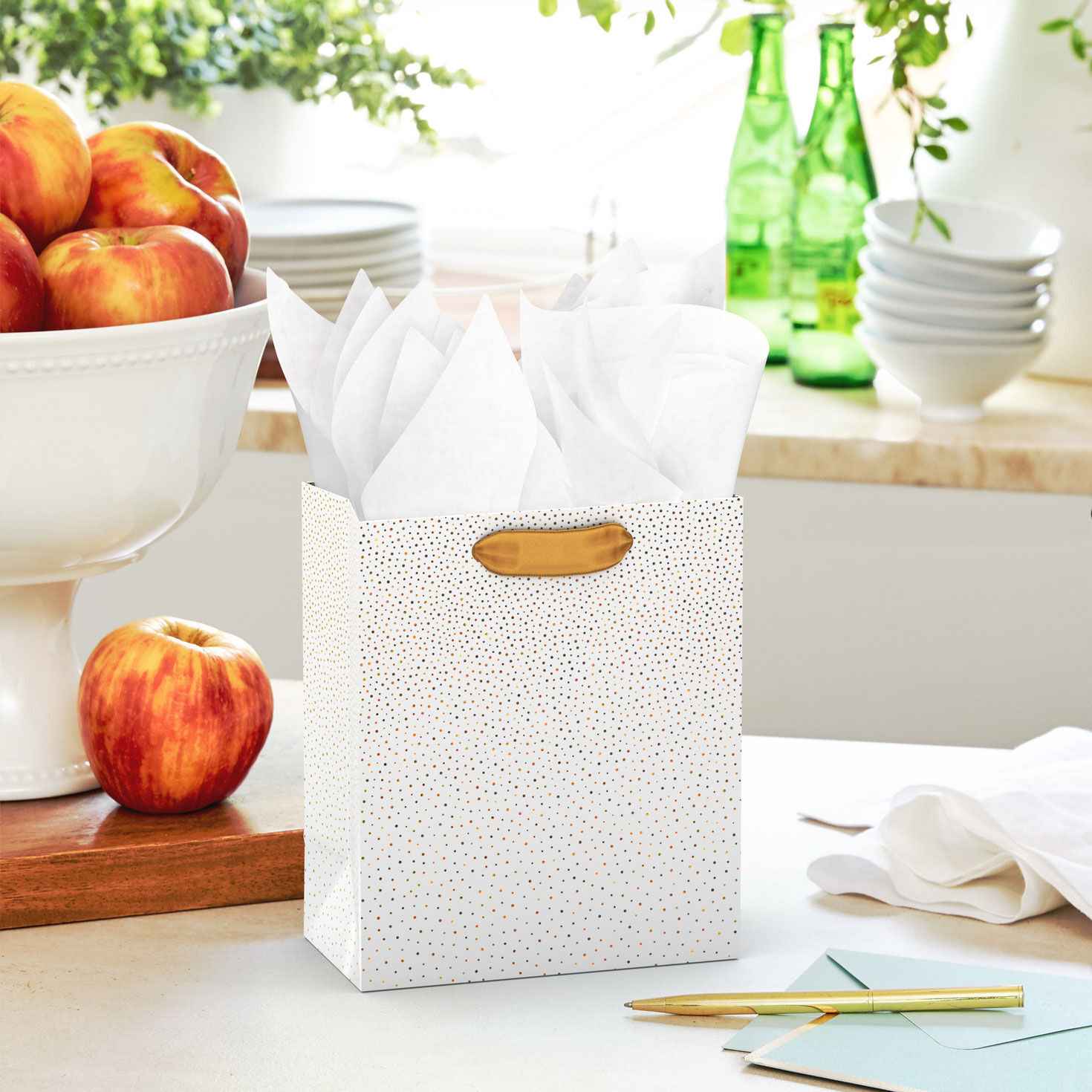 Scattered Gold Mini Dots on Cream Small Gift Bag in use image number 2