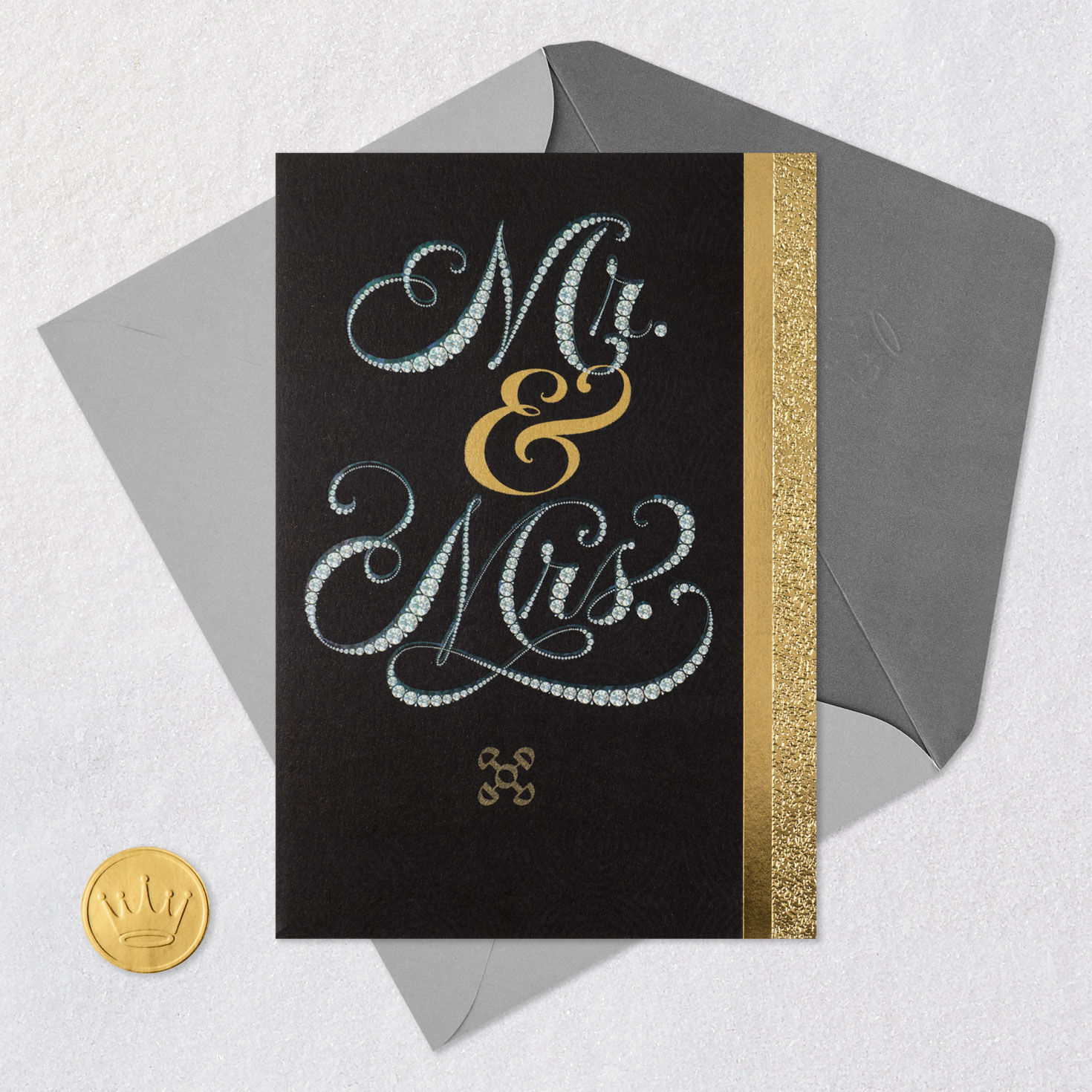 Mr. & Mrs. Black and Gold With Jewels Wedding Card Card Front with Envelope and Gold Seal image number 8