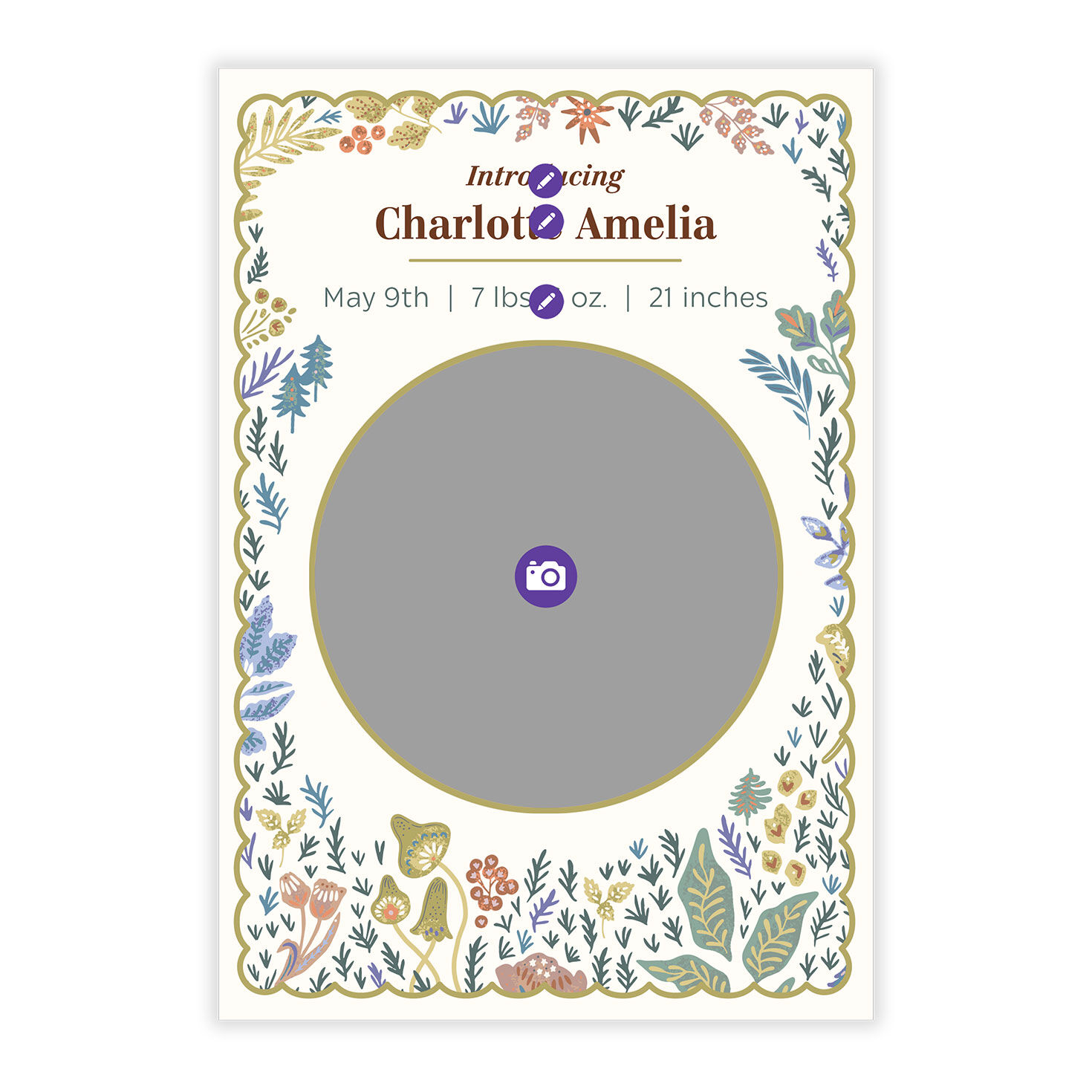 Flowers Nature Border Personalized Baby Announcement Card Front indicating personalization image number 5