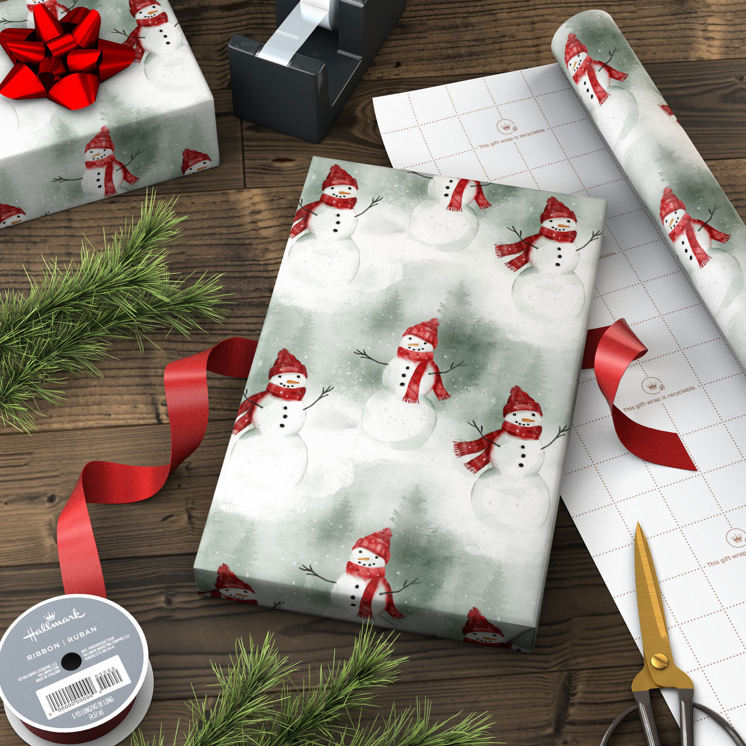 Snowman in Red Plaid Holiday Wrapping Paper in use image number 3