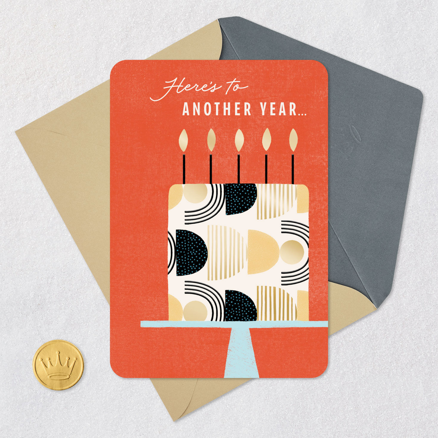 Geometric Cake on Orange Birthday Card Card Front with Envelope and Gold Seal image number 5