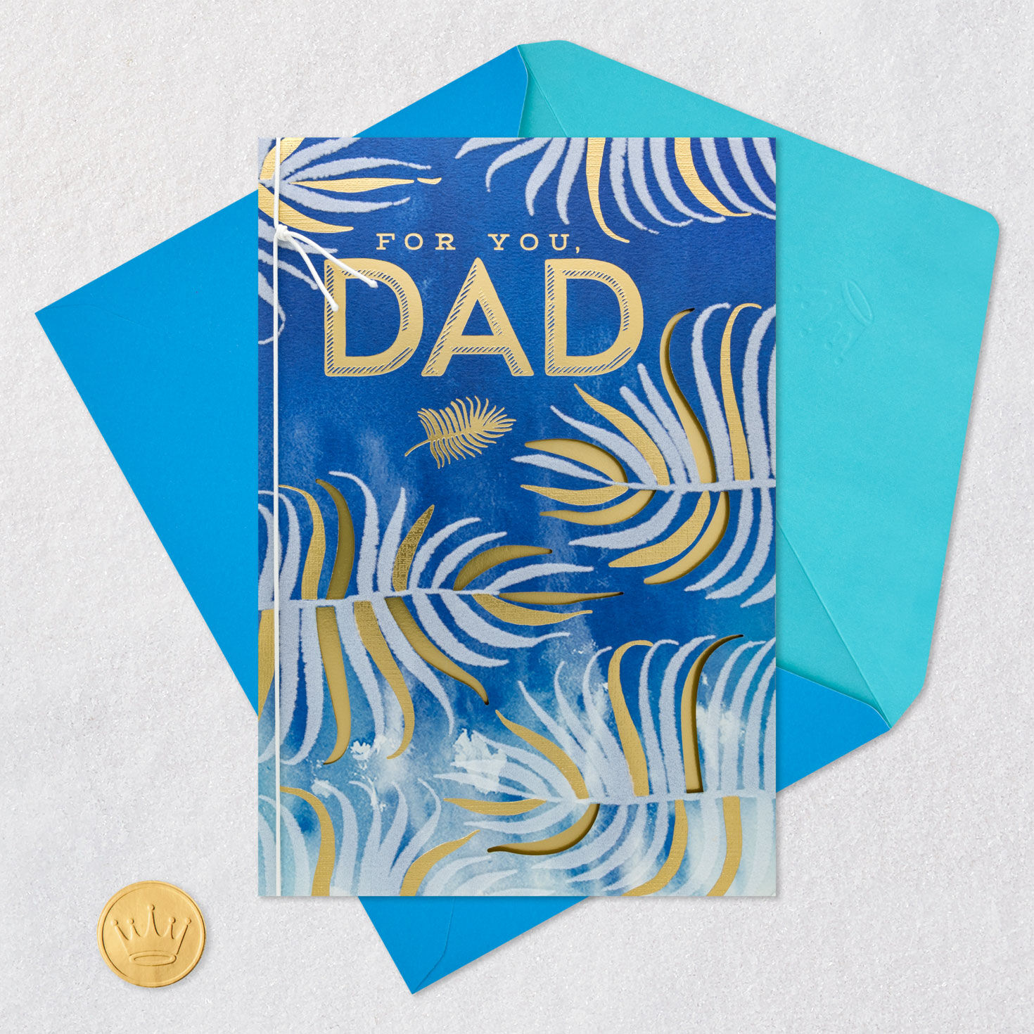 Fern Leaves on Blue Dad Father's Day Card Card Front with Envelope and Gold Seal image number 6