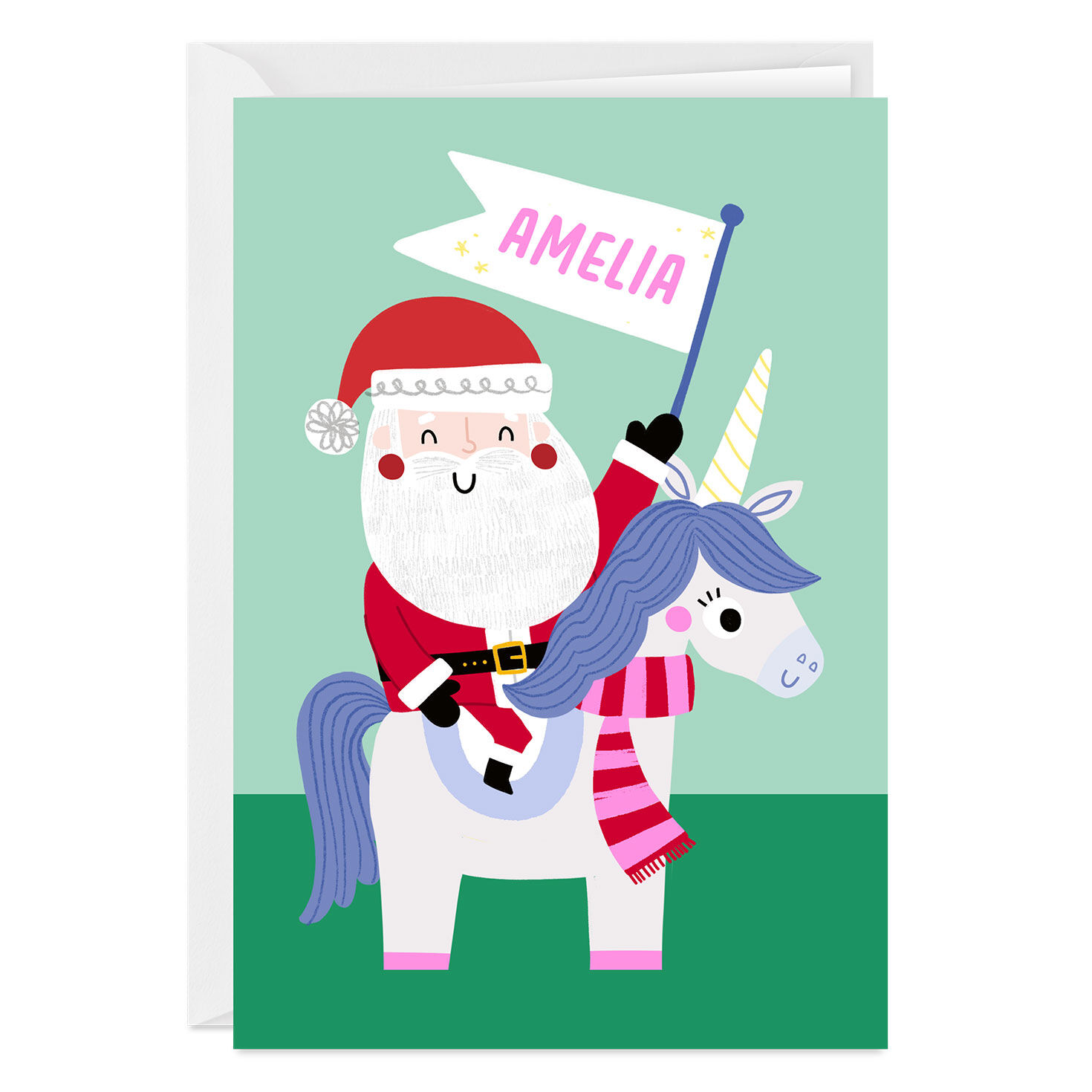 Santa and Unicorn Custom Christmas Card for Kid
