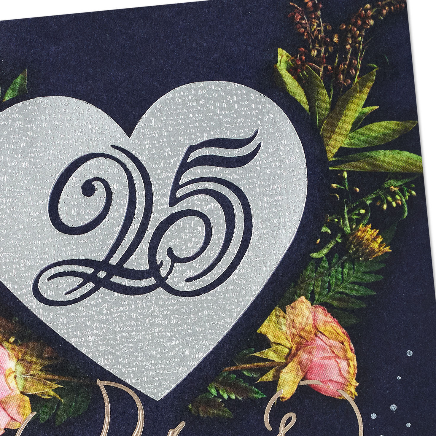 Pink Flowers and Silver Heart on Navy Anniversary Card Card Front Detail image number 5