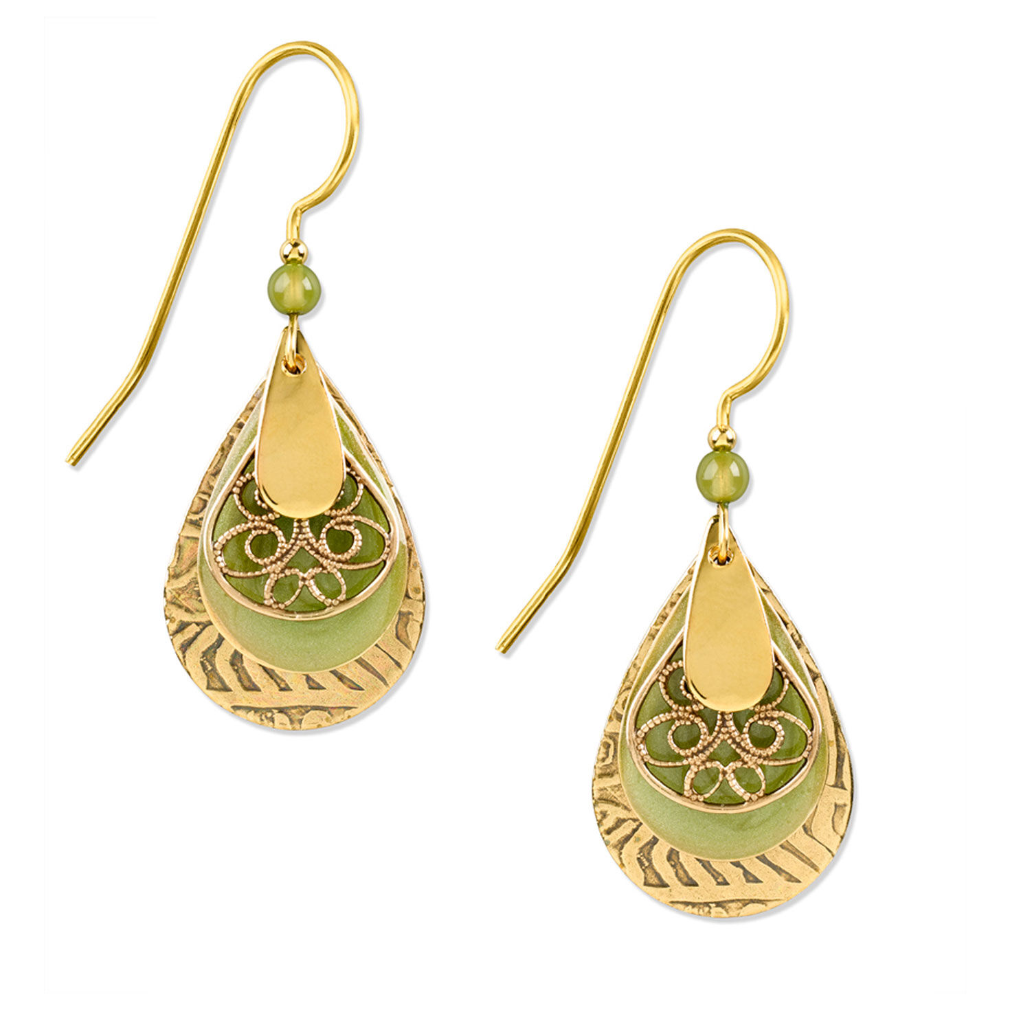 Silver Forest Green and Gold Metal Layered Teardrop Earrings for only USD 24.00 | Hallmark