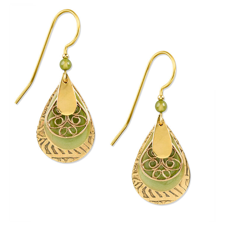 Silver Forest Green and Gold Metal Layered Teardrop Earrings