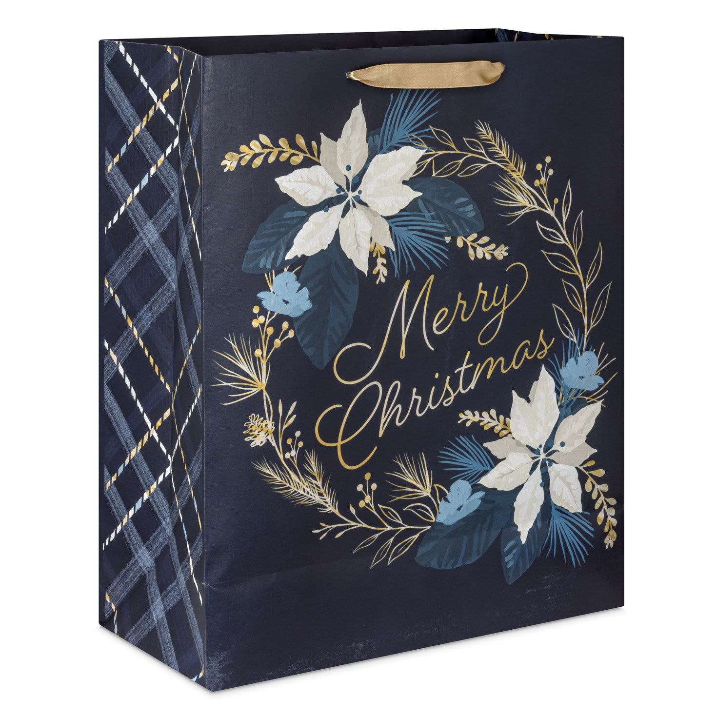 Merry Christmas Wreath on Navy Extra-Large Gift Bag Back image number 6