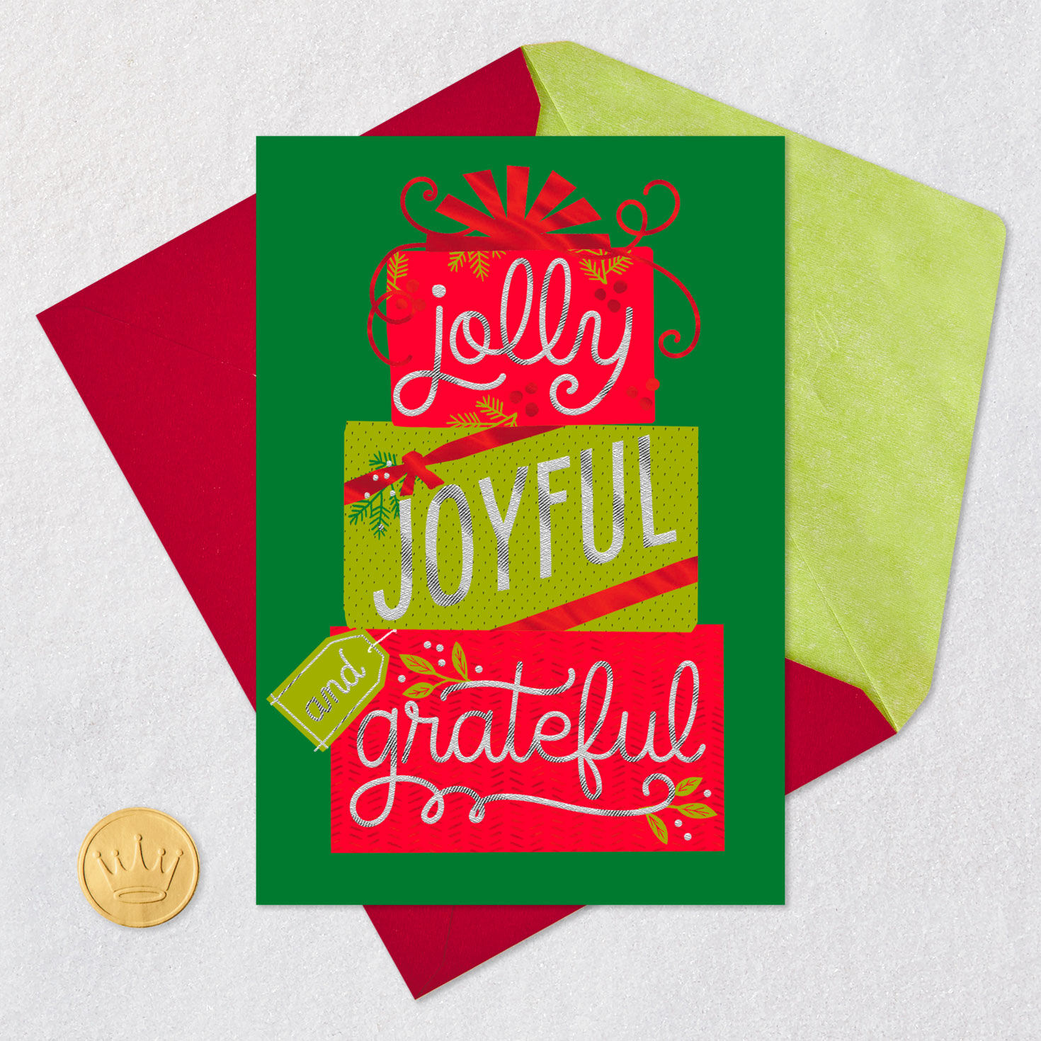 Stack of Christmas Presents Christmas Card Card Front with Envelope and Gold Seal image number 5