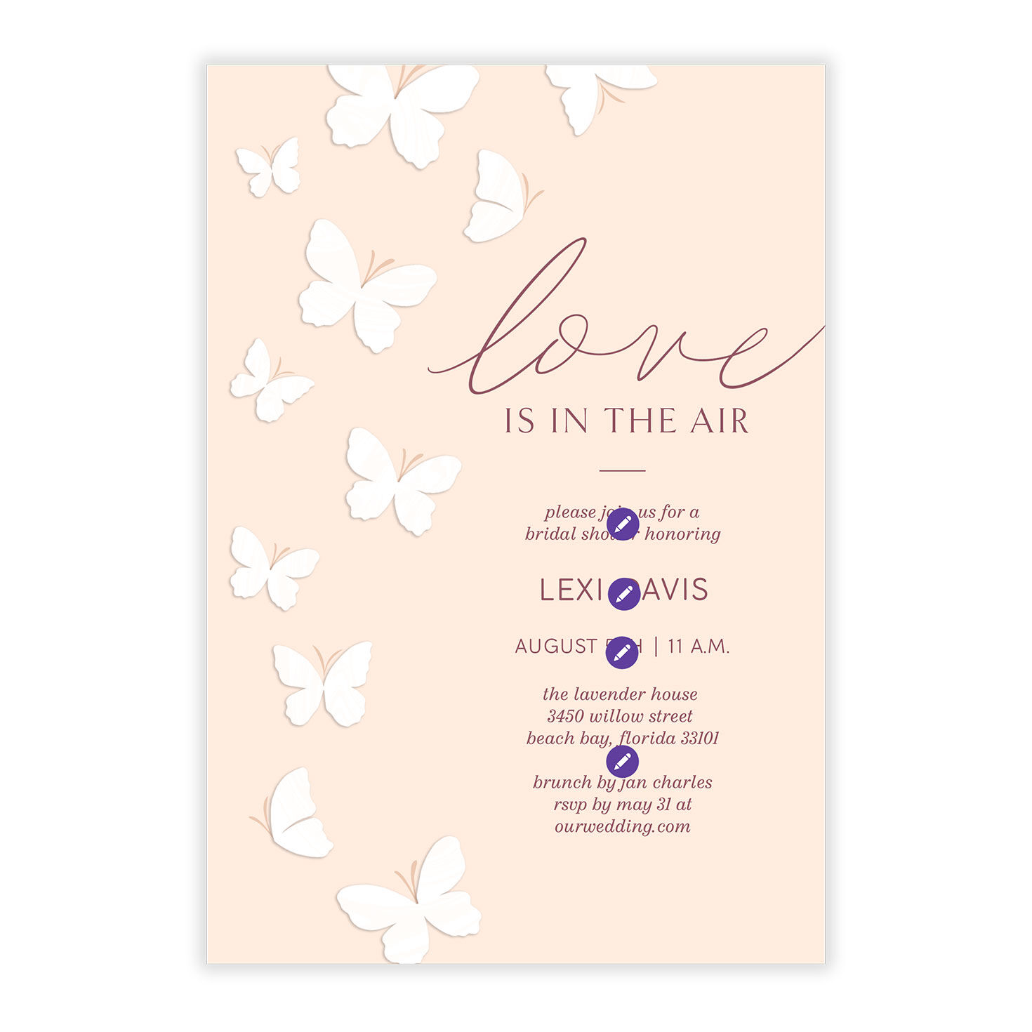 Butterflies on Peach Personalized Shower Invitation Card Front indicating personalization image number 5