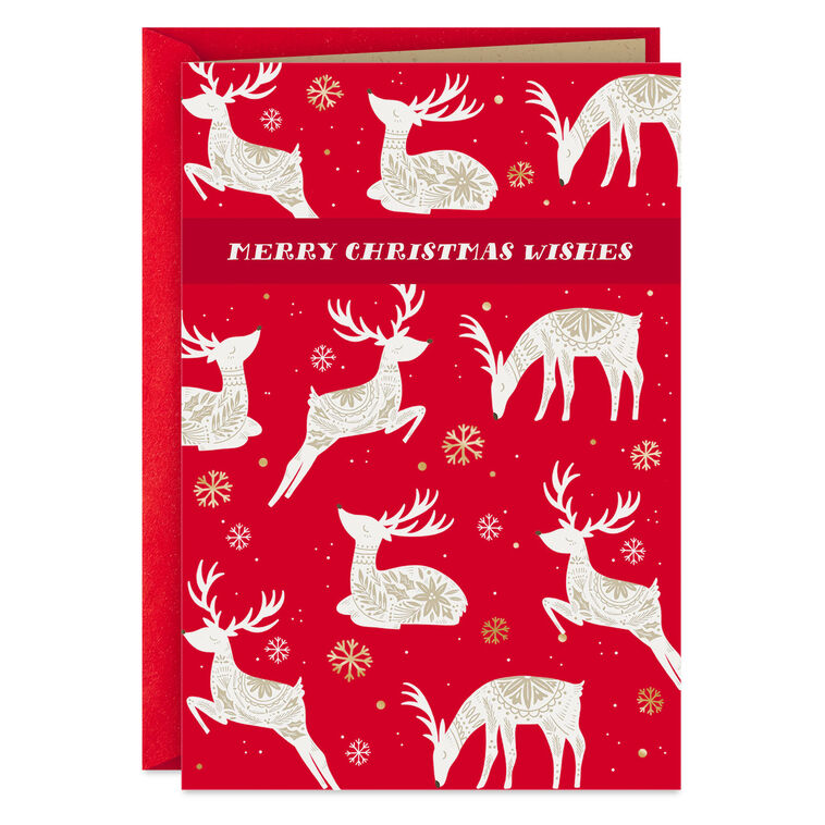 Nordic Reindeer and Snowflakes on Red Christmas Card Card Front image number 1