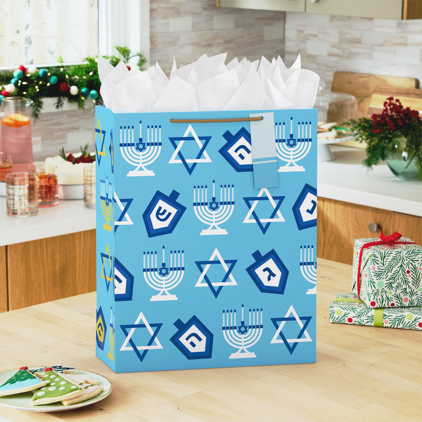 Dreidels and Menorahs on Blue XL Hanukkah Gift Bag in use image number 2